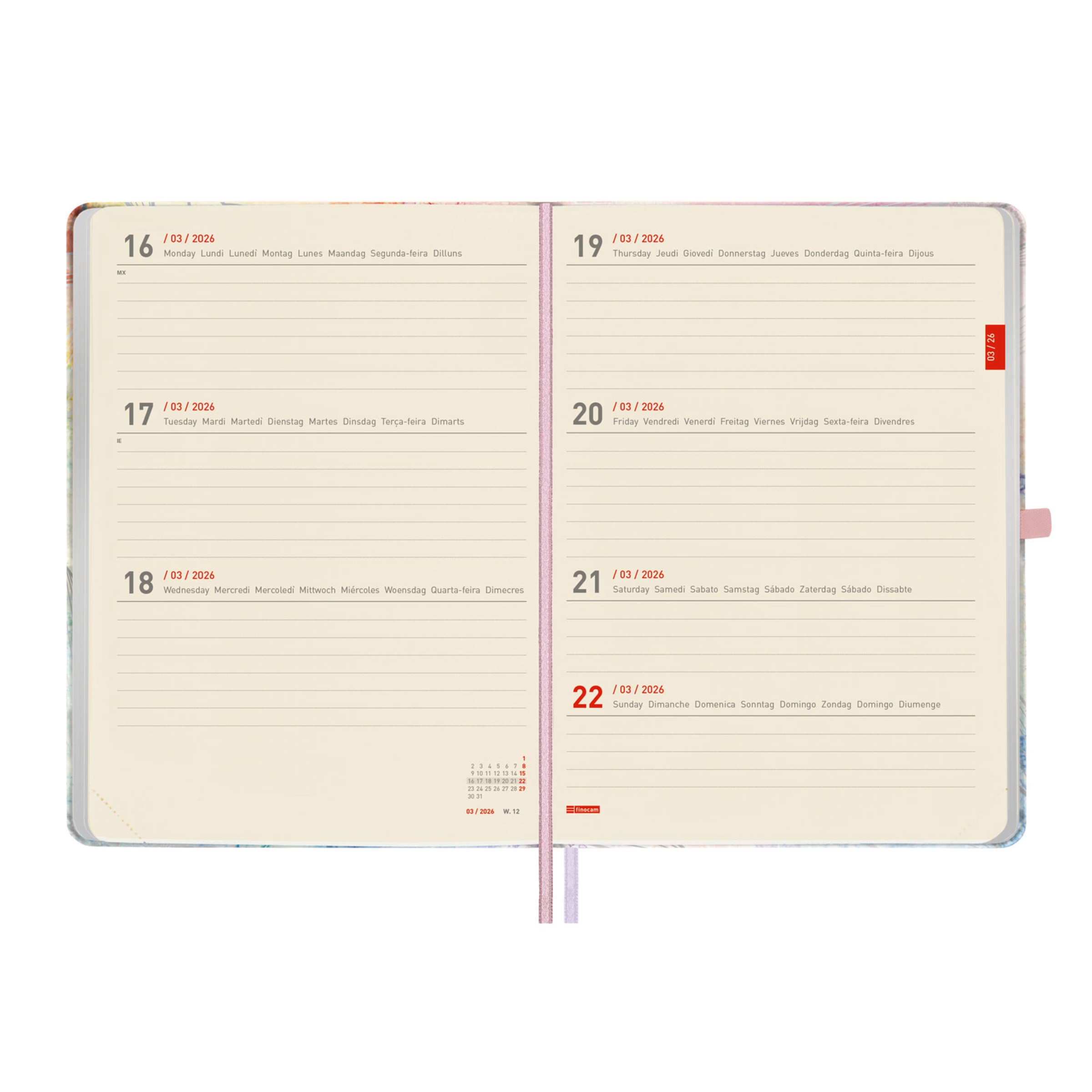 Agenda 18 meses julho 2025-dezembro 2026 Mínimal M5-140x190 mm vista semanal horizontal Pretty Finocam internacional multilingue Multicolor-5