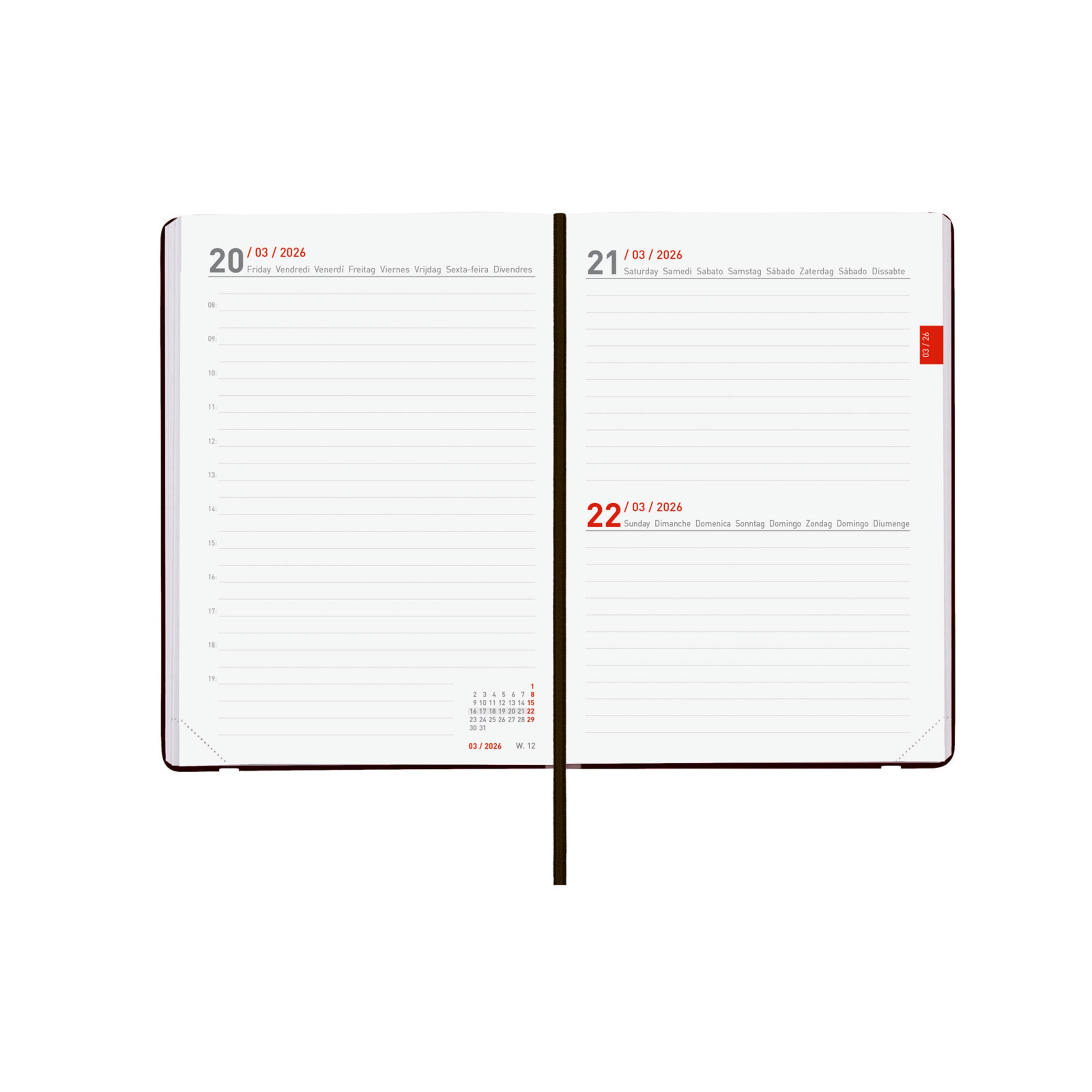 Agenda 18 meses julho 2025-dezembro 2026 Mara Y4-120x170 mm 1 dia página Finocam preto internacional multilingue Preto-5