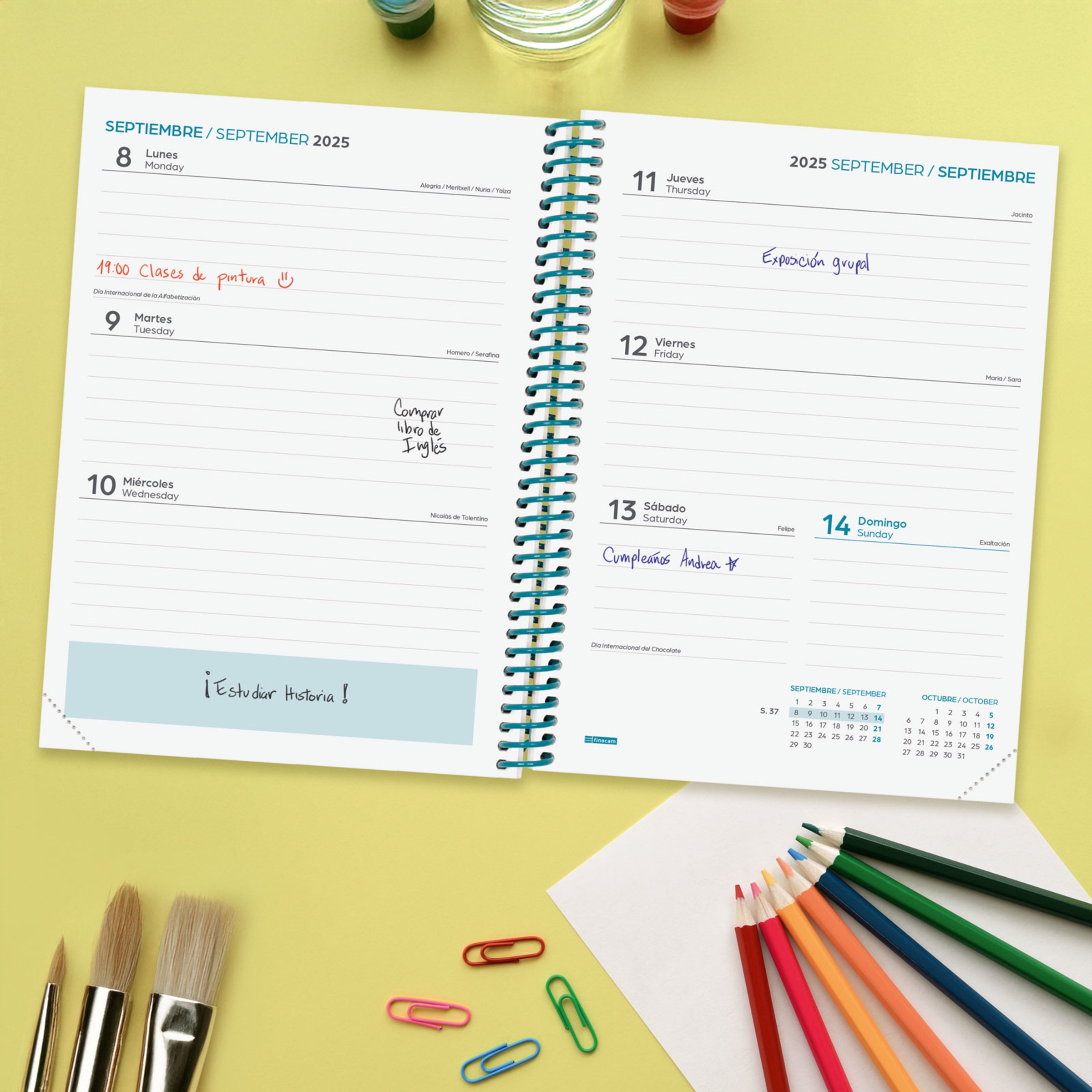 Agenda curso 2025-2026 Diva 1/4-155x212 mm semana vista horizontal Colors Finocam multilingüe 3
