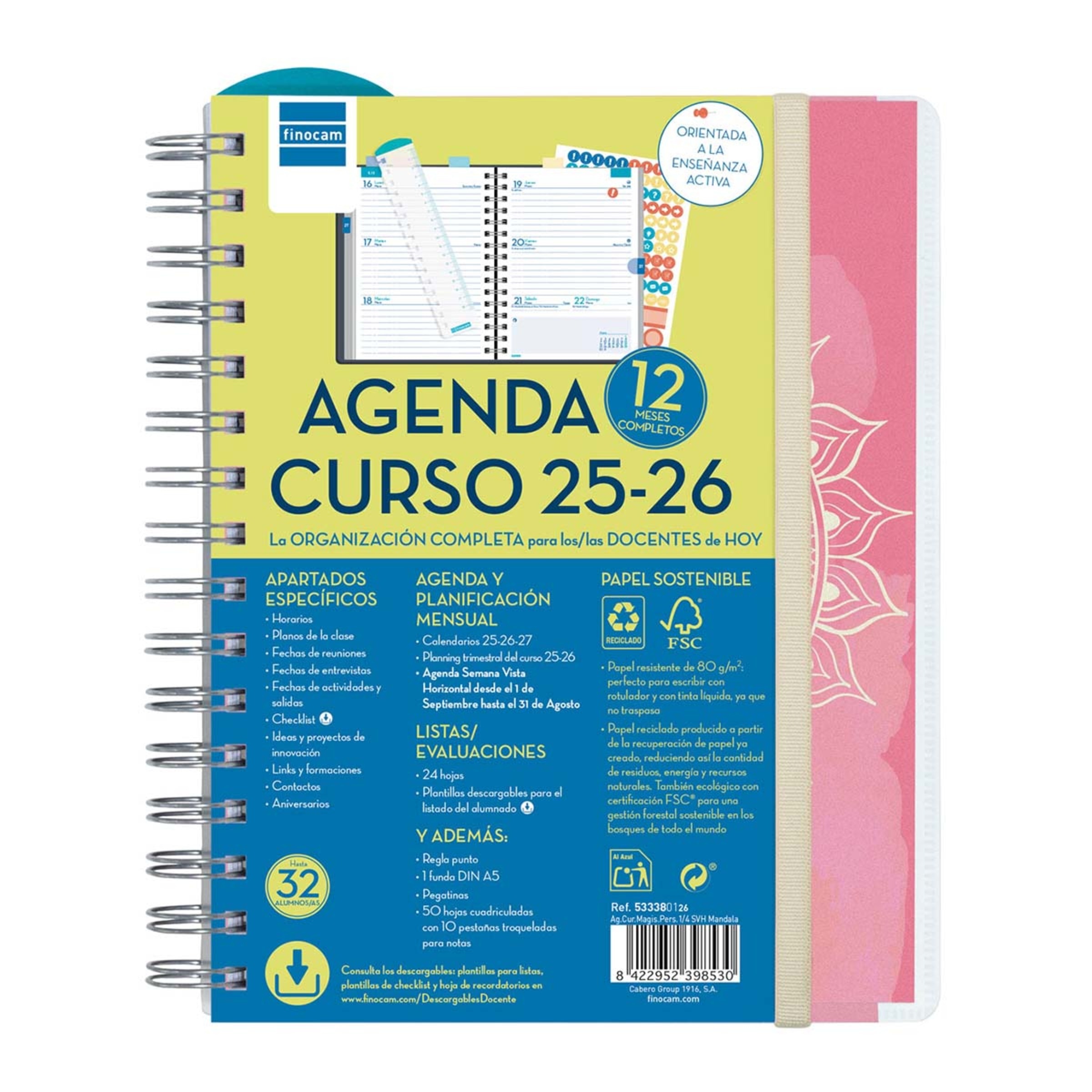 Agenda para el docente curso 2025-2026 Magistral 1/4-155x212 mm semana vista horizontal mandala Finocam Multicolor-1