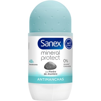 desodorante roll-on Mineral Protect con piedra de alumbre anti-manchas 48h unisex envase 50 ml 0% alcohol y colorantes - Sanex
