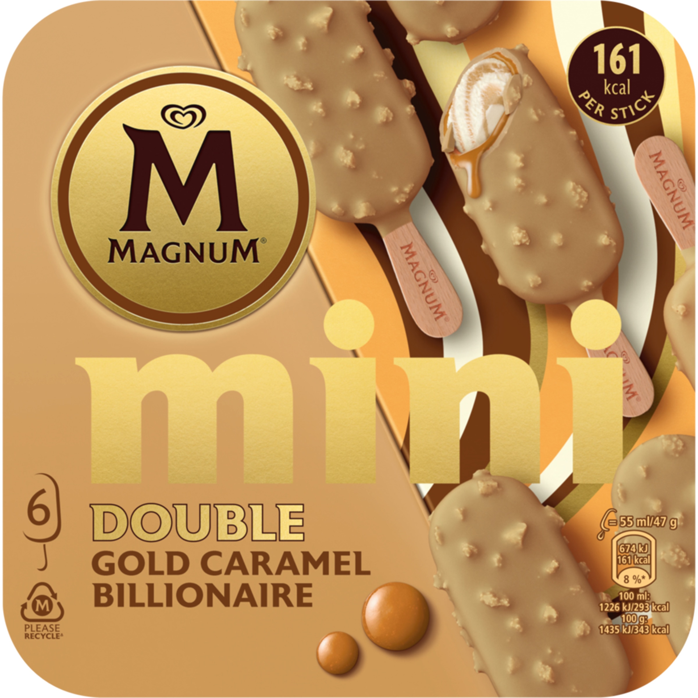 Mini Gelados Double Gold Caramelo Billionaire Pack 6 embalagem 330 ml