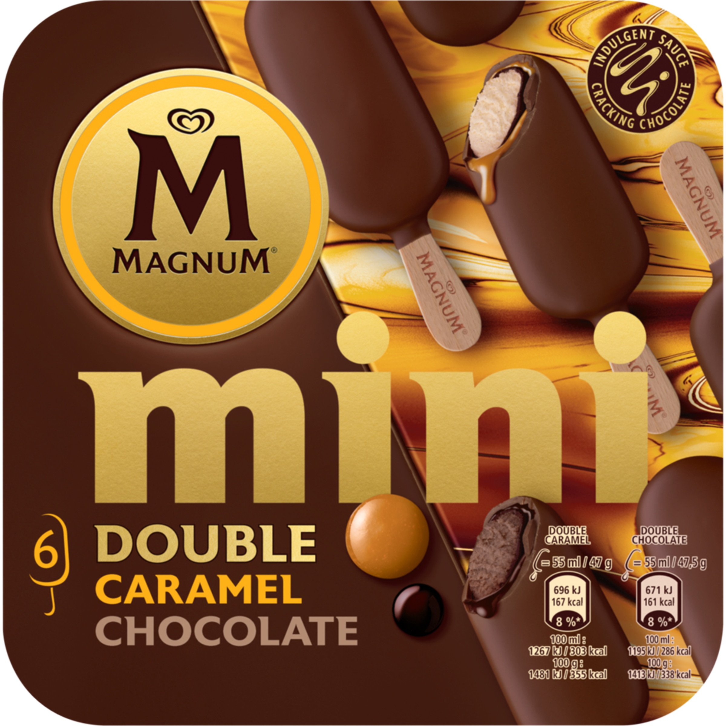 Magnum Gelado Mini Double Chocolate e Caramelo Pack 6 unidades embalagem 330 ml
