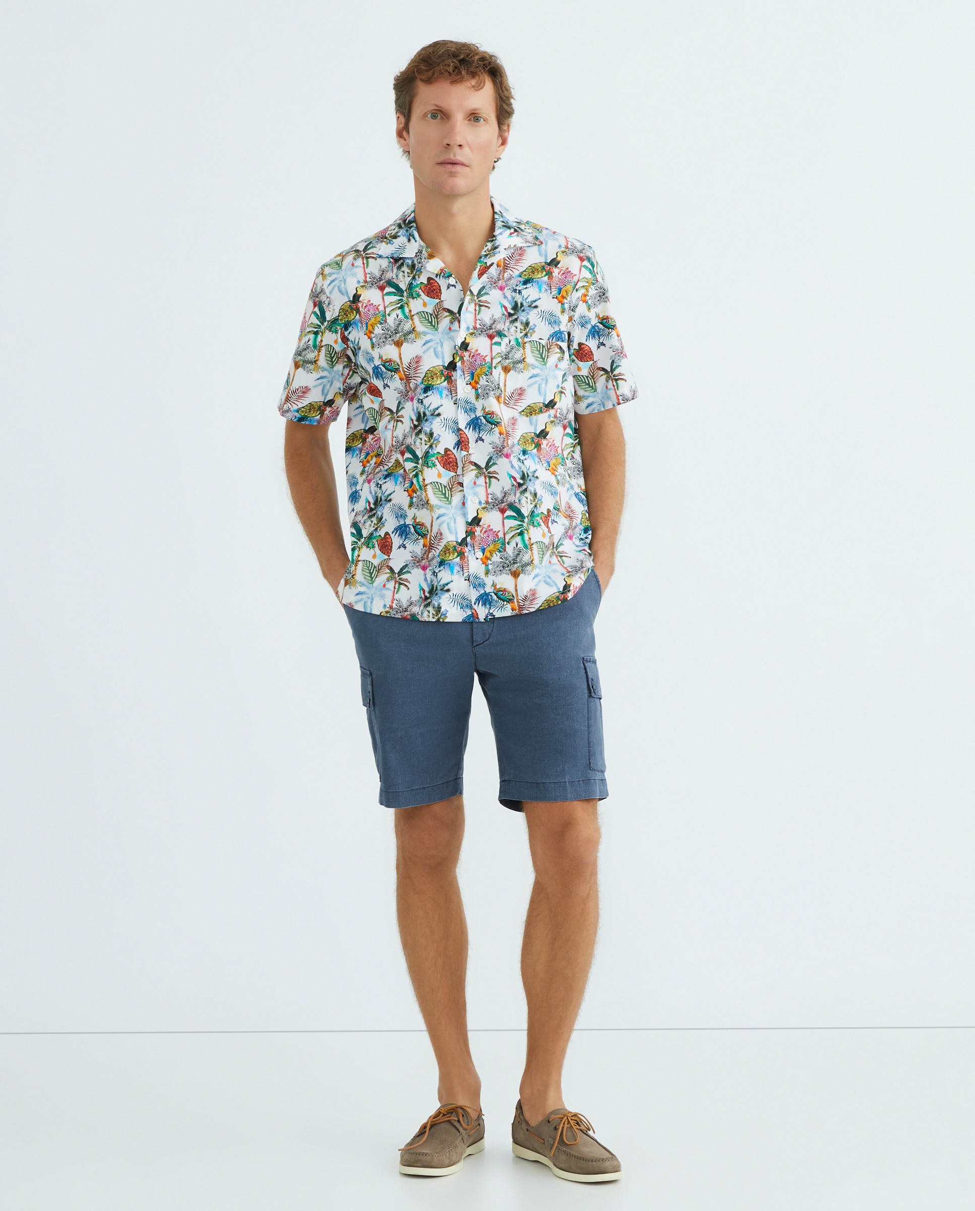 Bermudas Cargo Regular Fit com Efeito de Linho Azul-marinho-1