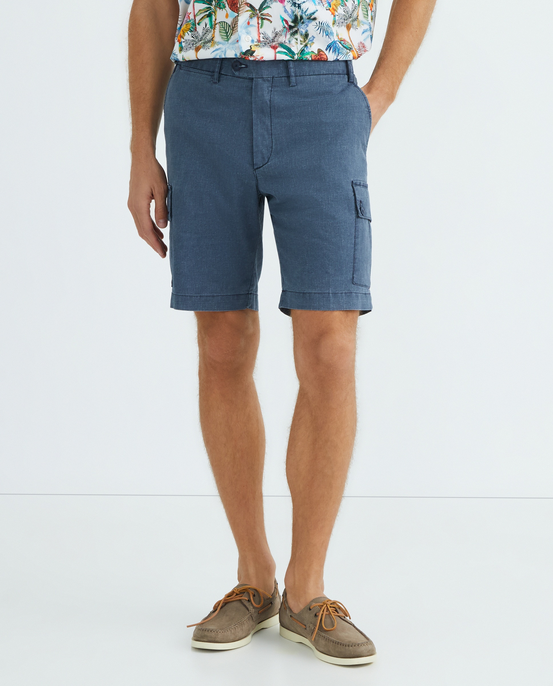 Bermudas Cargo Regular Fit com Efeito de Linho Azul-marinho-2