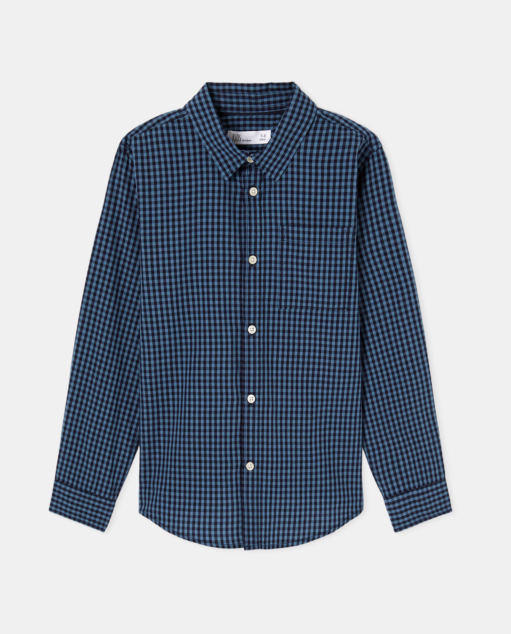 Camisa de Popelina aos Quadrados com Manga Comprida Azul-1