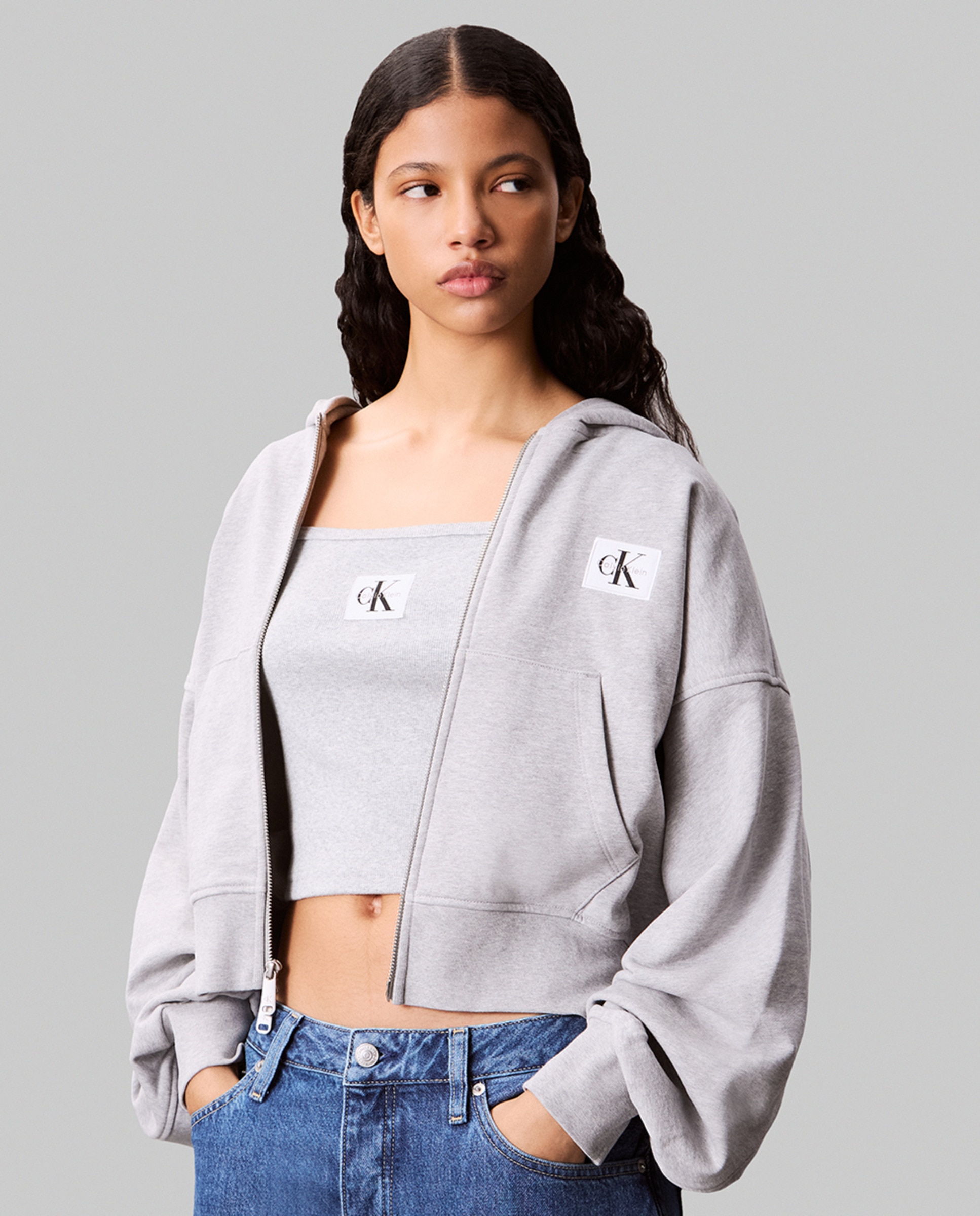 Sweatshirt com Capuz e Fecho de Correr Cinzento-1
