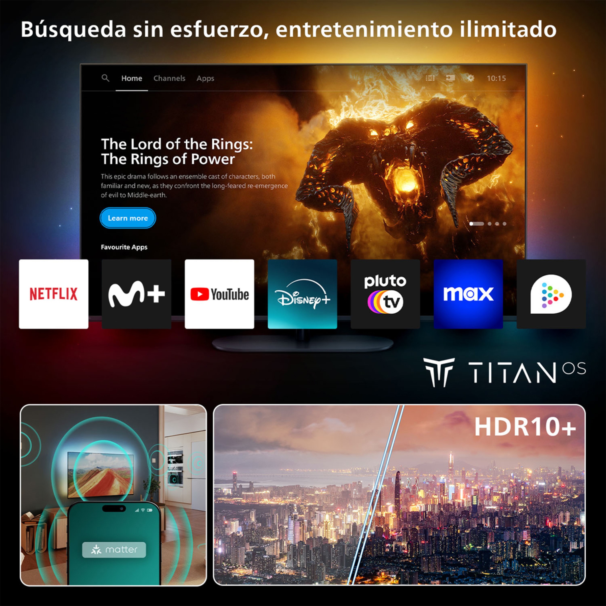 TV LED 164 cm (65") Philips Ambilight 65PUS8010/12 UHD 4K, Dolby Atmos, Titan OS, Smart TV Negro mate-6