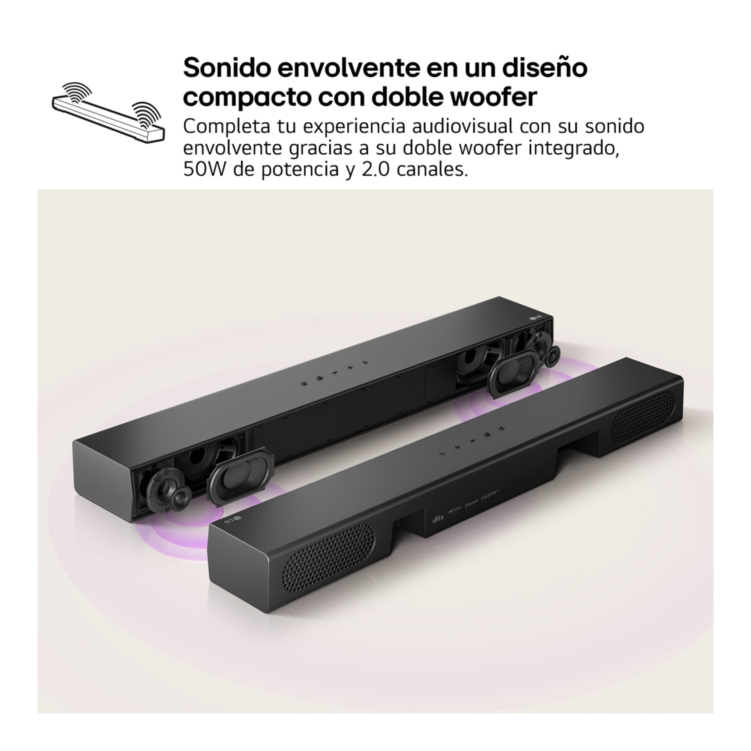 Barra de Sonido LG S20A, 2.0, 50W, Bluetooth 5.3, HDMI-ARC, compacta con doble woofer integrado, Dolby Digital, DTS Digital Surround, Negro Negro-3