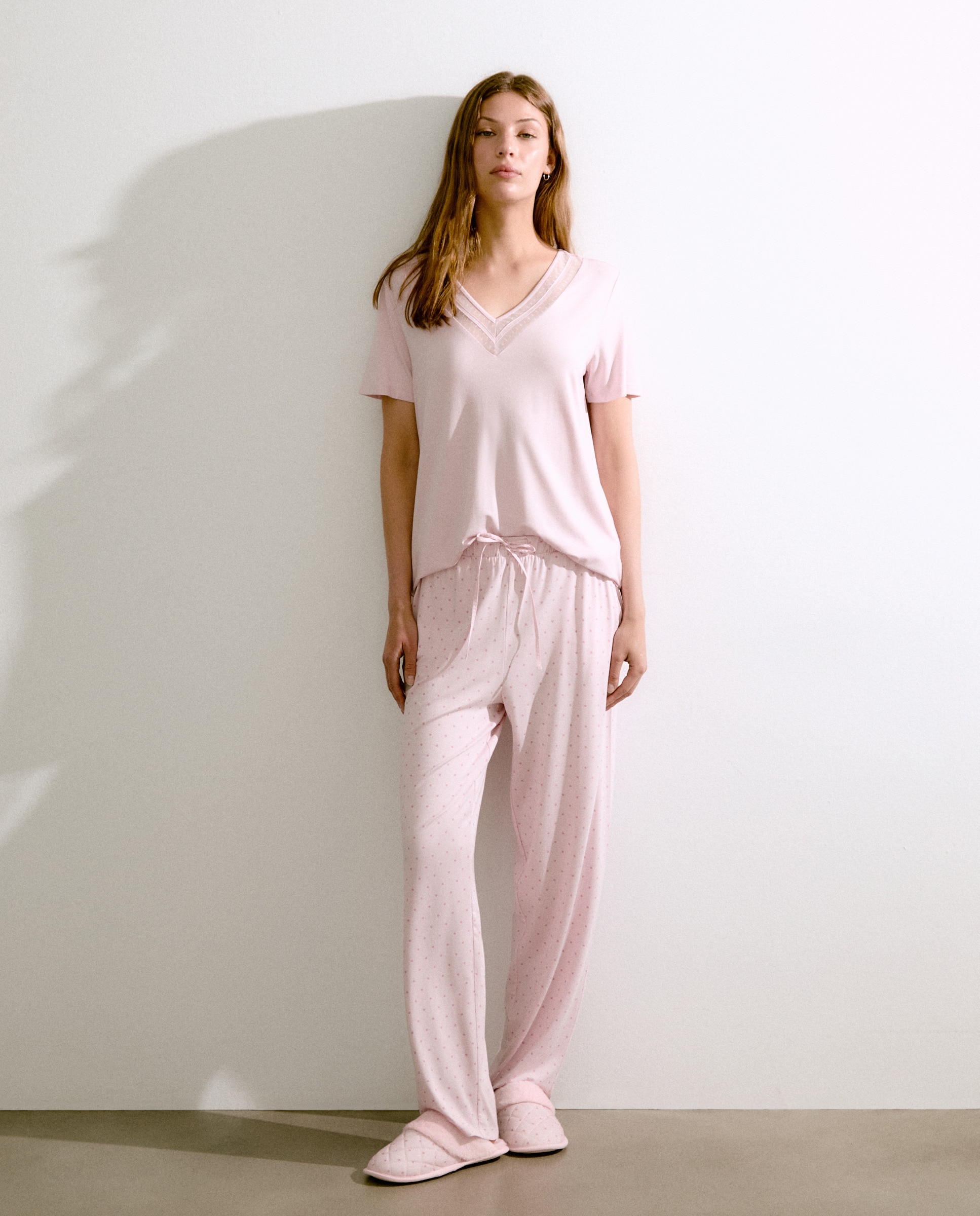 Calças Regular de Pijama às Bolinhas Rosa-claro-1