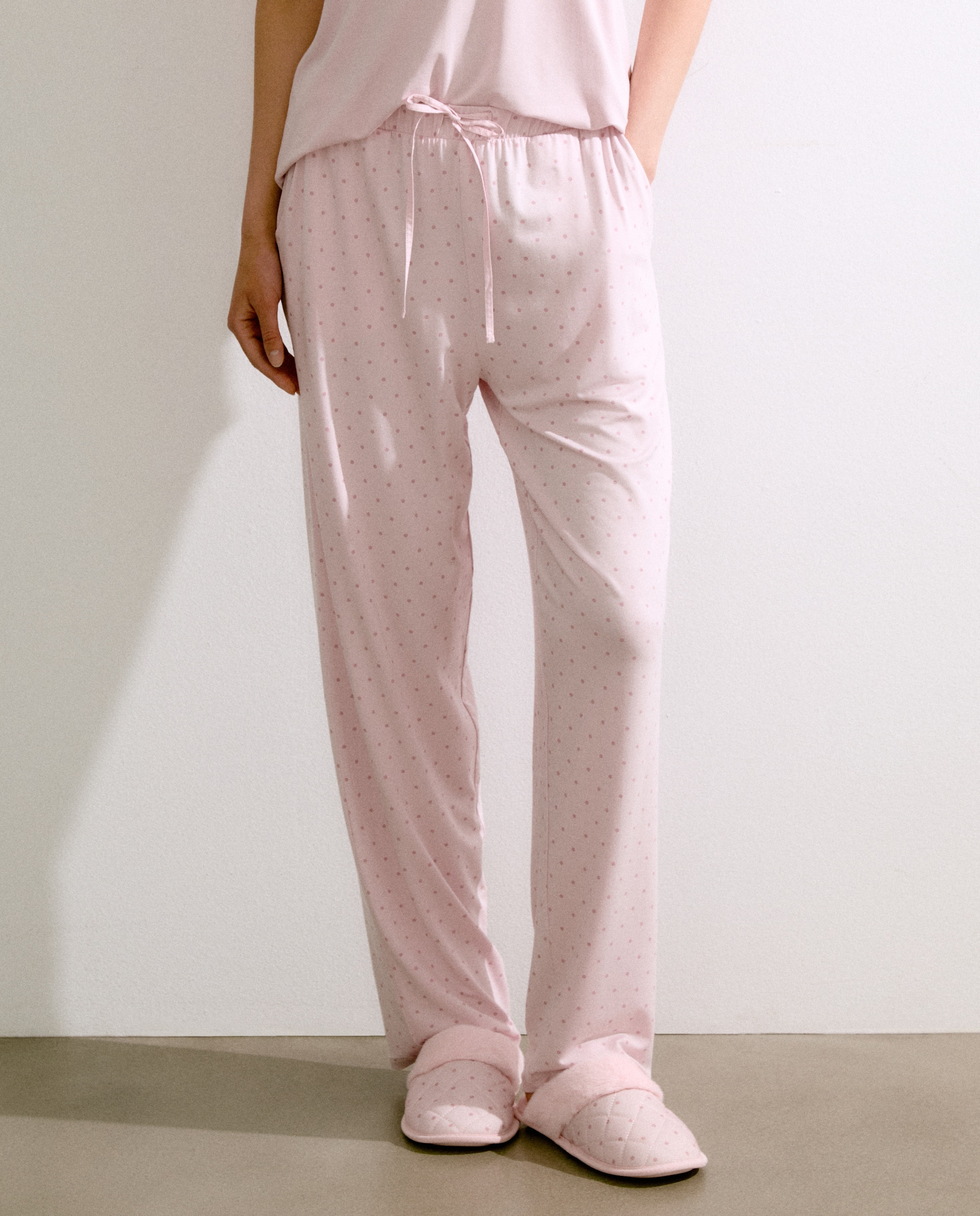 Calças Regular de Pijama às Bolinhas Rosa-claro-2