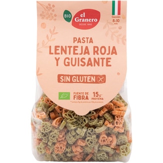 Bio pasta de lenteja roja y guisantes sin gluten con forma de animales envase 250 g - El Granero