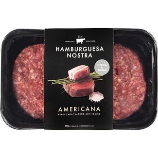 Americana burger meat de vacuno con tocino ibérico hechas a mano sin gluten 2 unidades bandeja 400 g - Hamburguesa Nostra