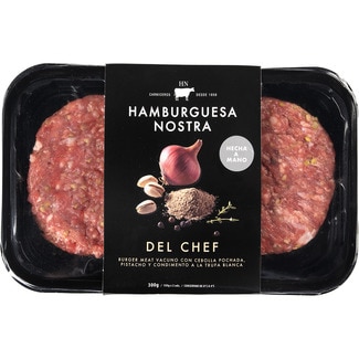 Del Chef burger meat 2 unidades hechas a mano sin gluten bandeja 300 g con carne de vacuno, cebolla pochada, pistacho y condimento a la trufa blanca - Hamburguesa Nostra