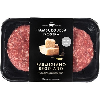 Parmigiano burger meat de vacuno con queso Parmigiano Reggiano DOP hehas a mano 2 unidades bandeja 300 g sin gluten - Hamburguesa Nostra
