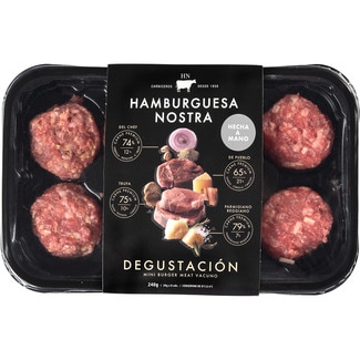 Degustación mini burger vacuno 2 del chef, 2 trufa, 2 de pueblo y 2 parmigiano reggiano bandeja 240 g hechas a mano sin gluten - Hamburguesa Nostra