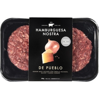 De Pueblo burger meat con carne de vacuno sin gluten hechas a mano 2 unidades bandeja 300 g con cebolla pochada, bacon ahumado y queso curado - Hamburguesa Nostra