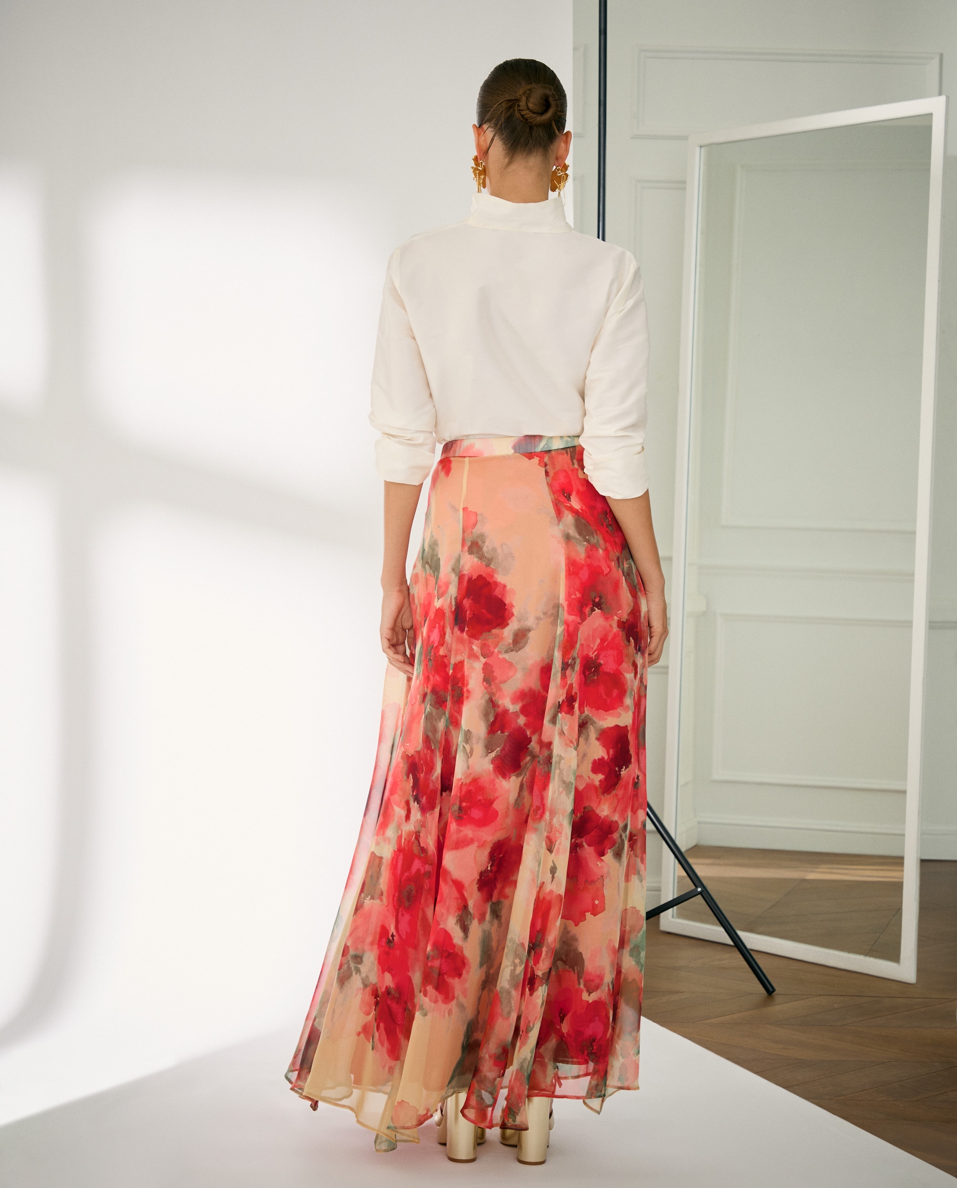 Saia Comprida Estampada de Chiffon Vermelho-3