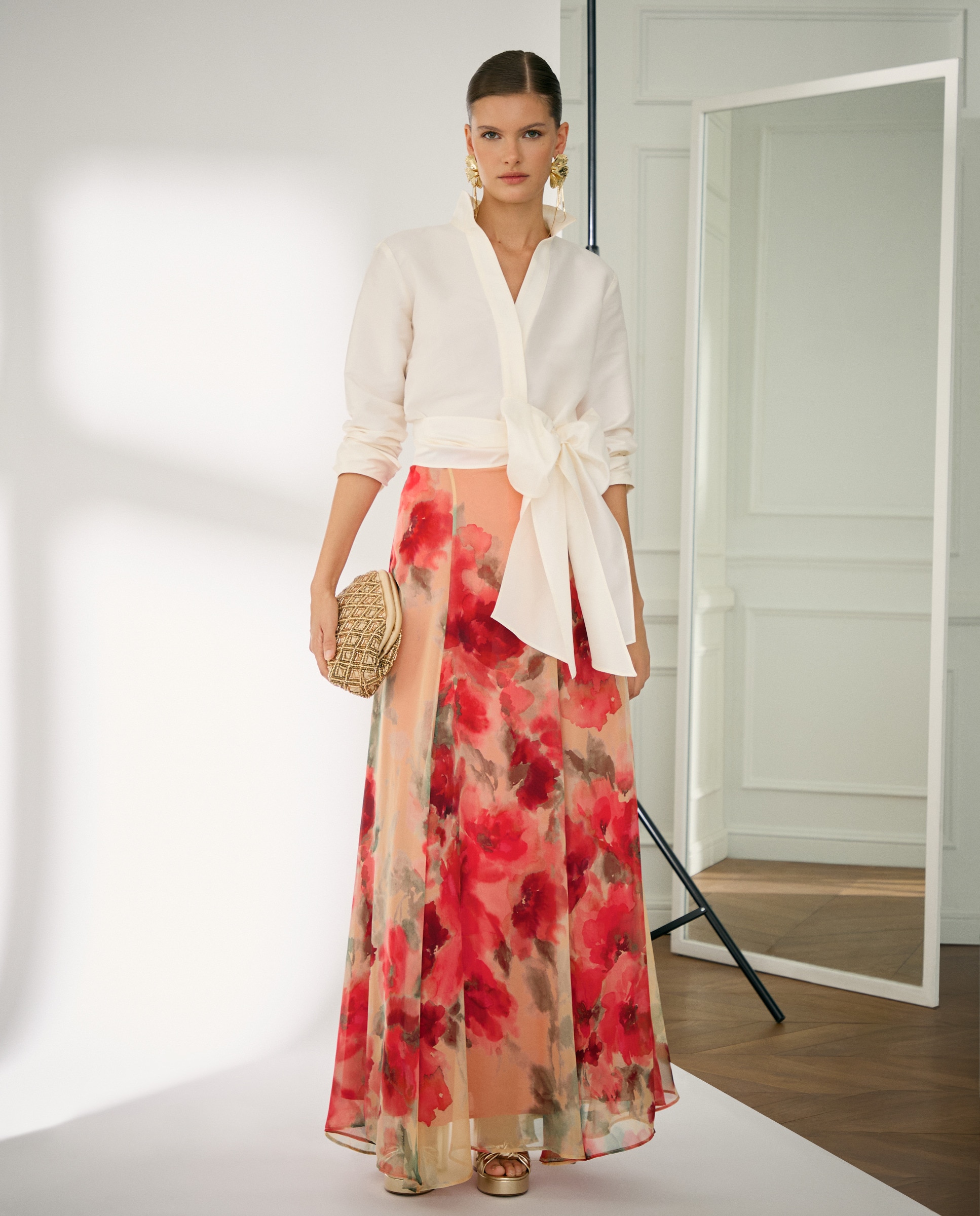 Saia Comprida Estampada de Chiffon Vermelho-1