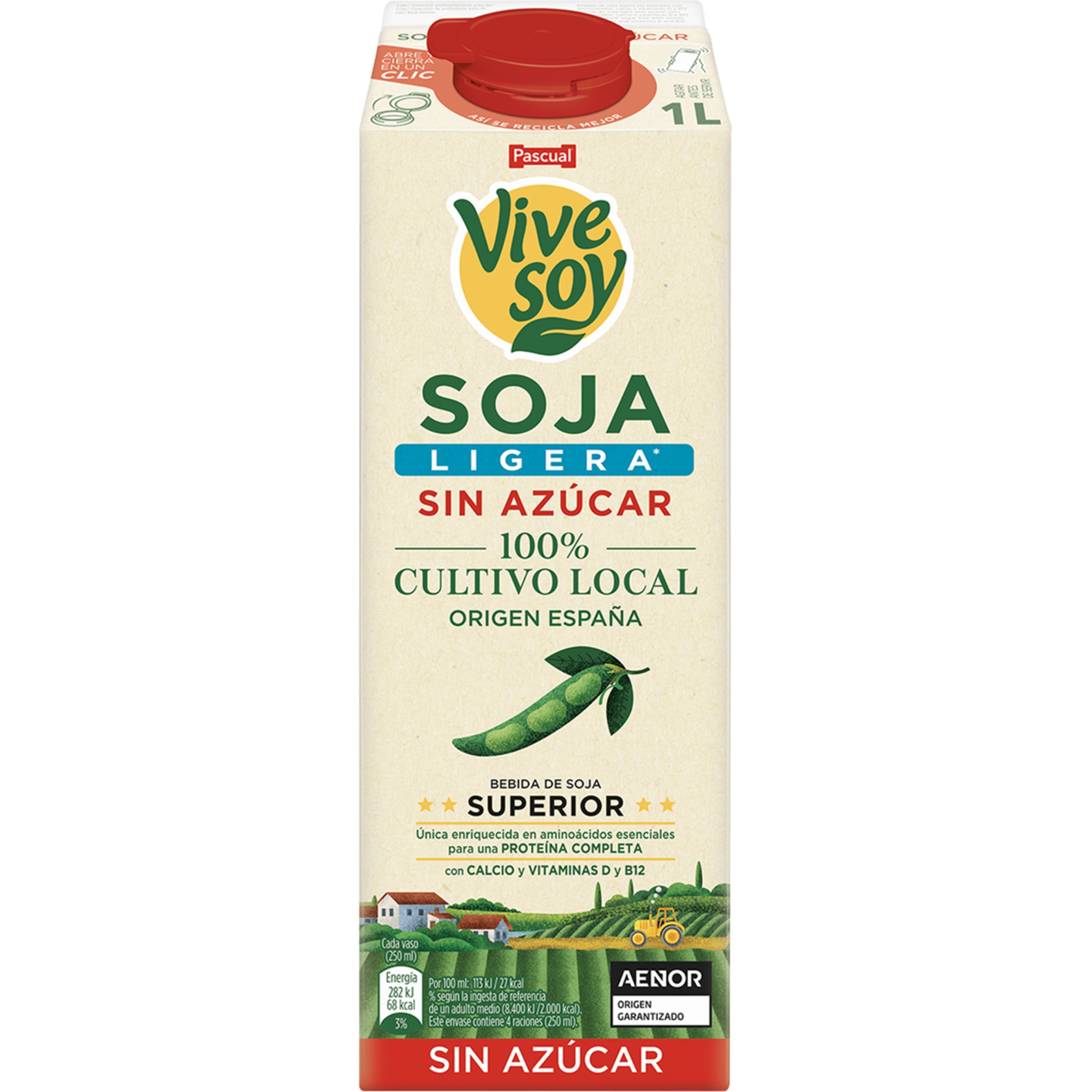 bebida de soja ligera sin azúcar con aminoácidos esenciales, calcio y vitaminas D y B12 brik 1 l
