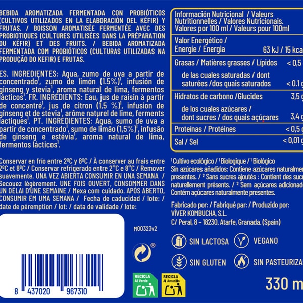 Kefrutas mit Kefirkulturen fermentiertes Probiotika-Bio-Getränk Flasche 330 ml Limetten-Zitronen-Geschmack