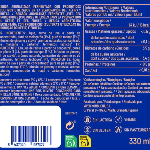 Kefrutas mit Kefirkulturen fermentiertes Probiotika-Bio-Getränk Flasche 300 ml Pfirsich- & Mangogeschmack