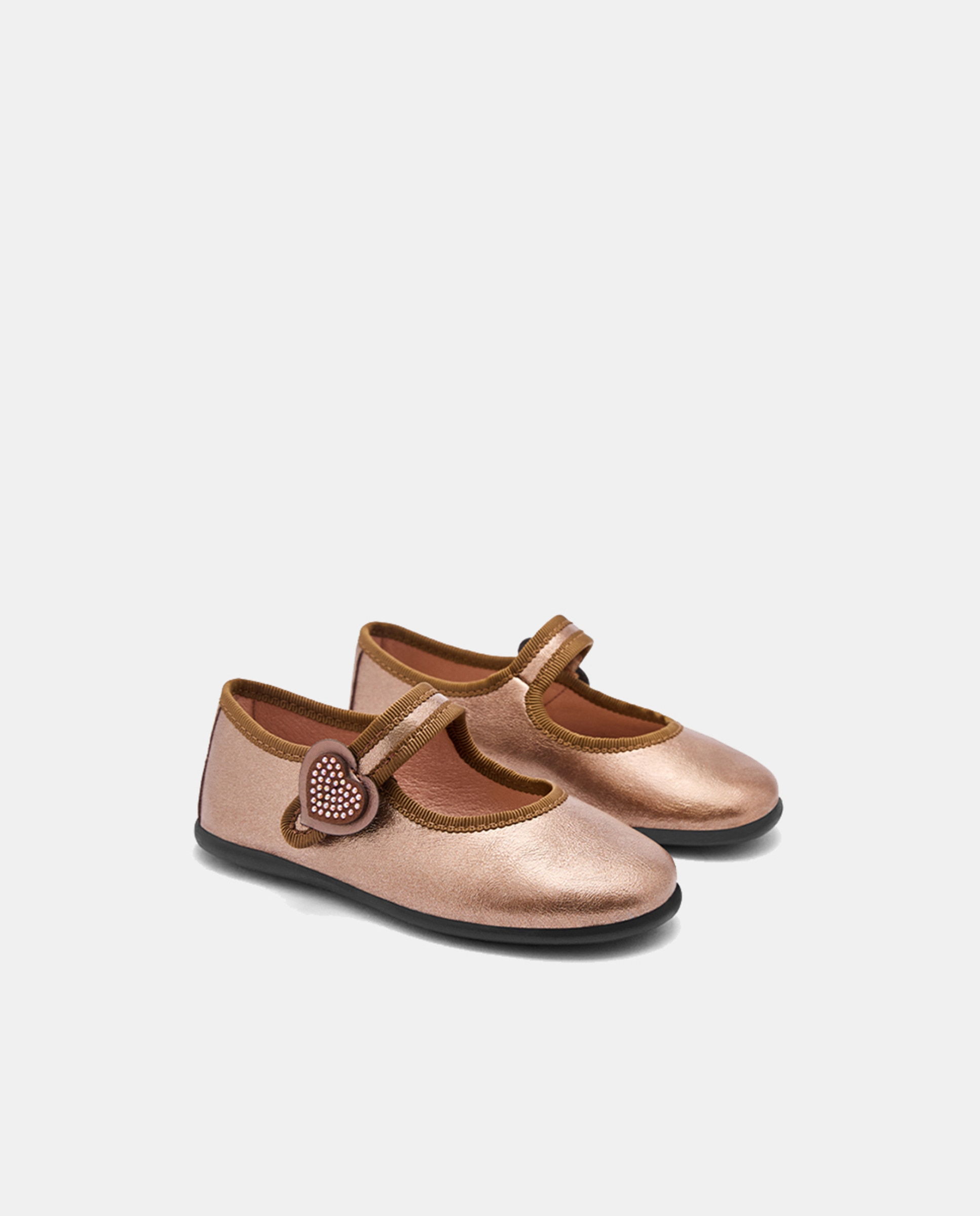 Sapatos de Presilha Metalizados com Coração de Strass Castanho-4