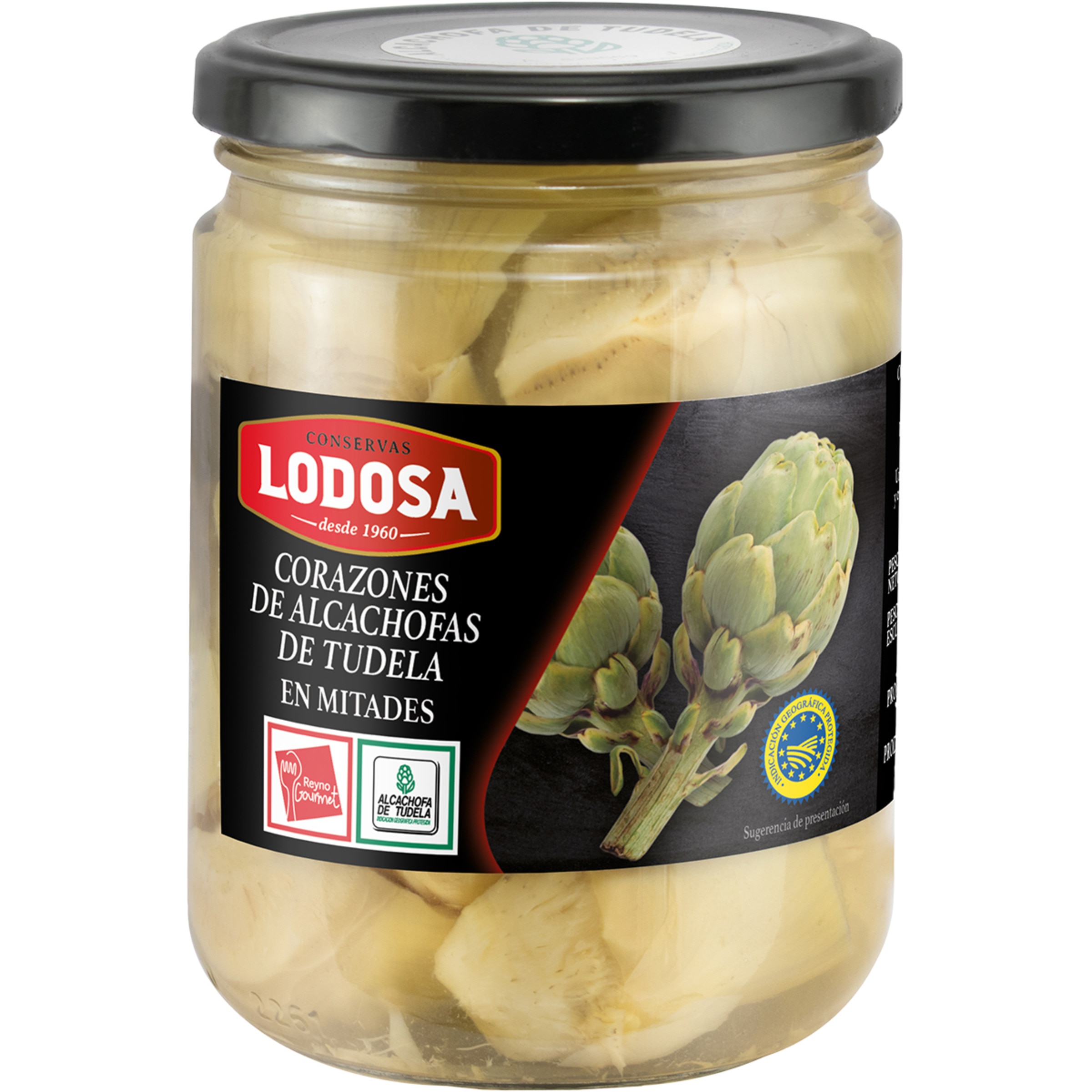 corazones de alcachofas IGP de Tudela en mitades frasco 250 g neto escurrido