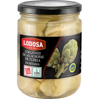 corazones de alcachofas IGP de Tudela en mitades frasco 250 g neto escurrido - Lodosa