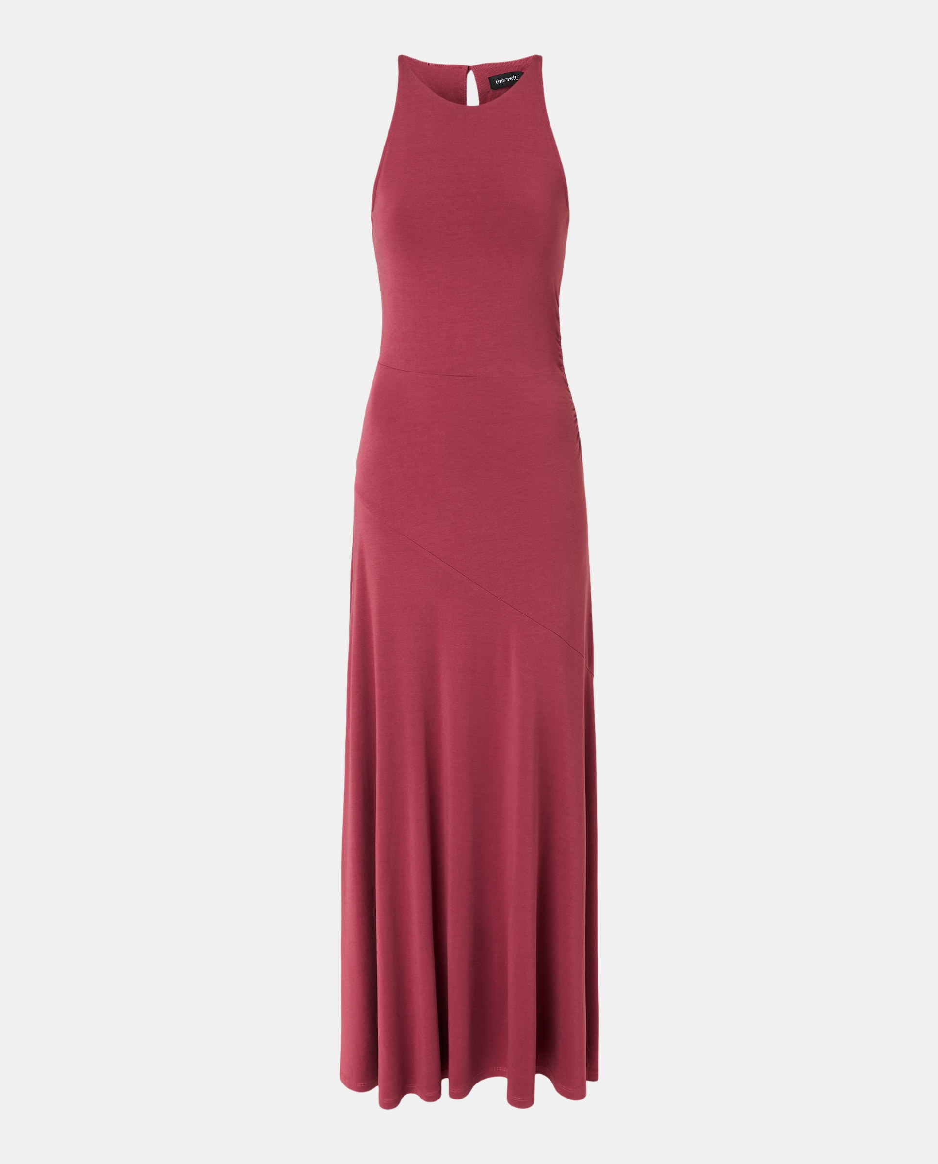 Vestido Comprido sem Mangas com Decote Halter Drapeado Bordeaux-4