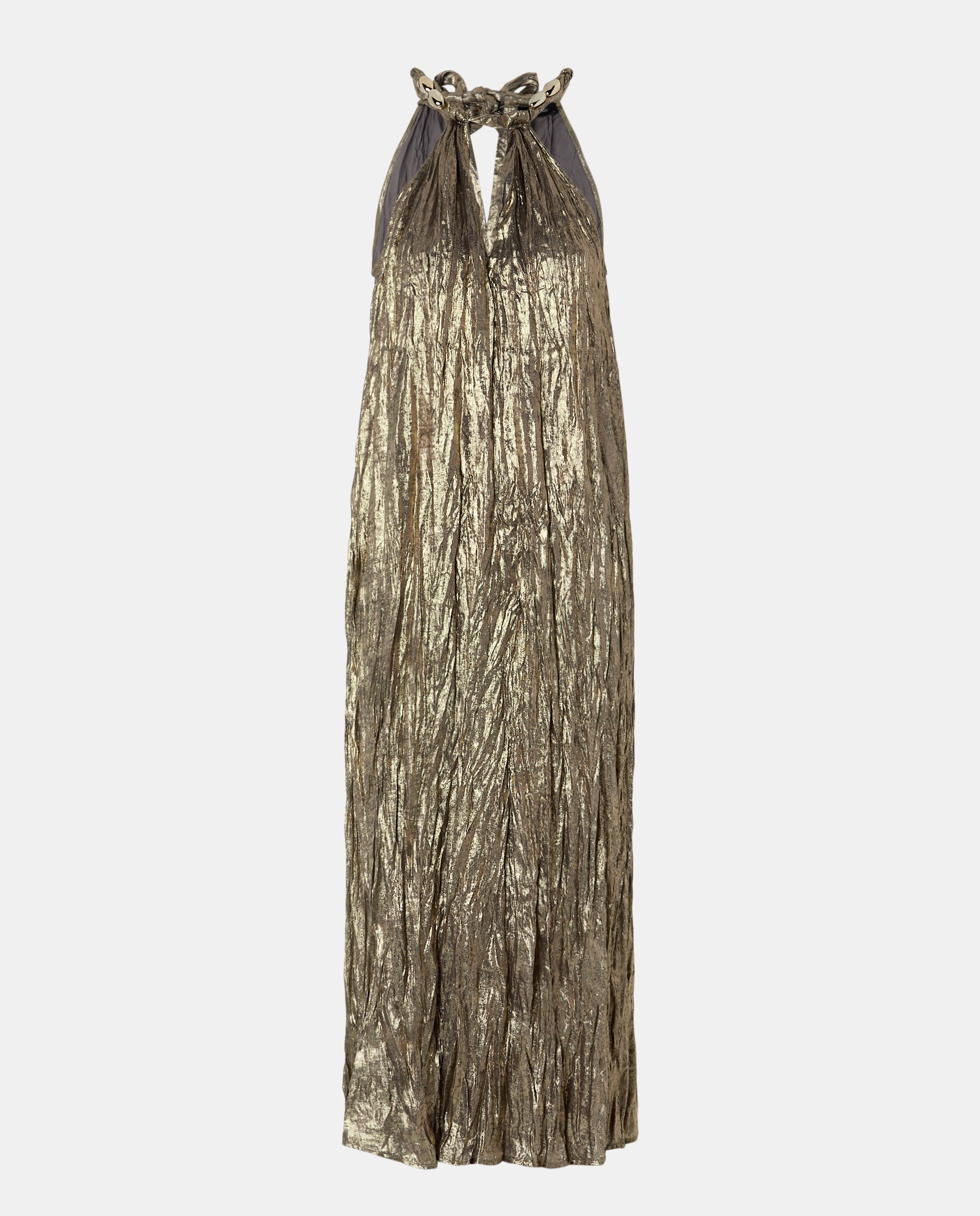 Vestido Midi Halter sem Mangas com Detalhe de Nó e Brilhantes Prata-4