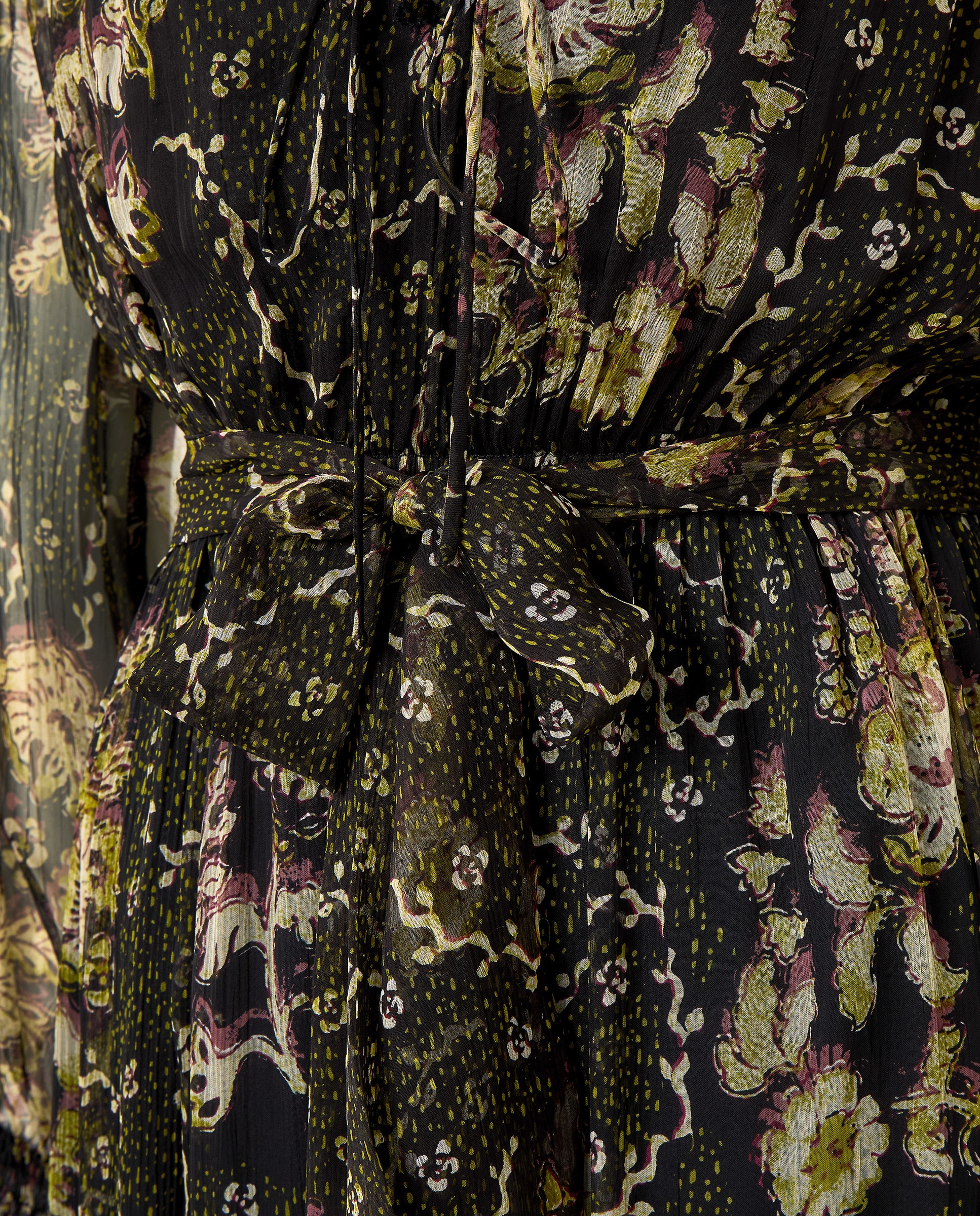 Vestido Comprido Estampado de Manga Comprida com Decote em Bico com Folho Preto-7