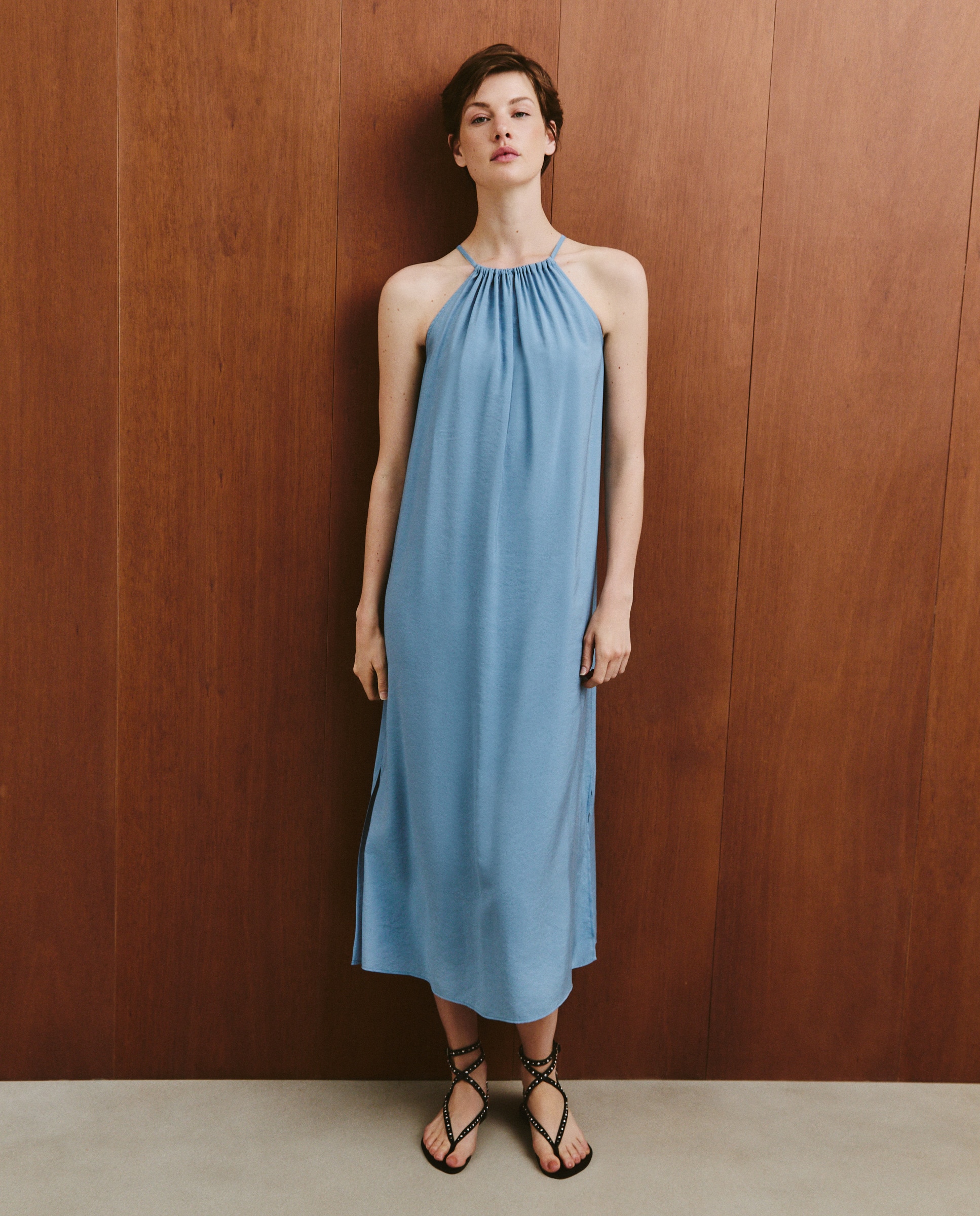 Vestido Liso Comprido Halter 400 Azul-1