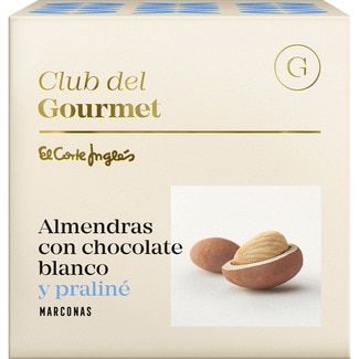 almendras con chocolate blanco y praliné estuche 80 g - Club Del Gourmet