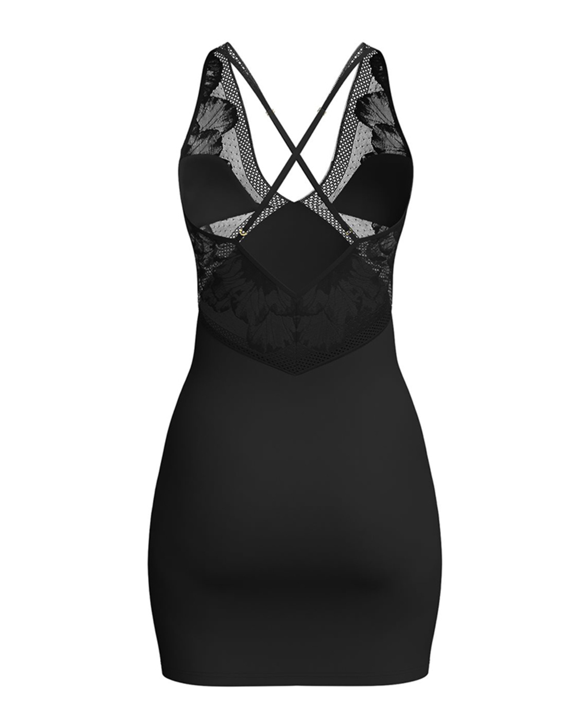 Camisa de Dormir de Alças de Comprimento até ao Joelho e com Decote em Bico e Aplique de Renda - Preto Preto-2