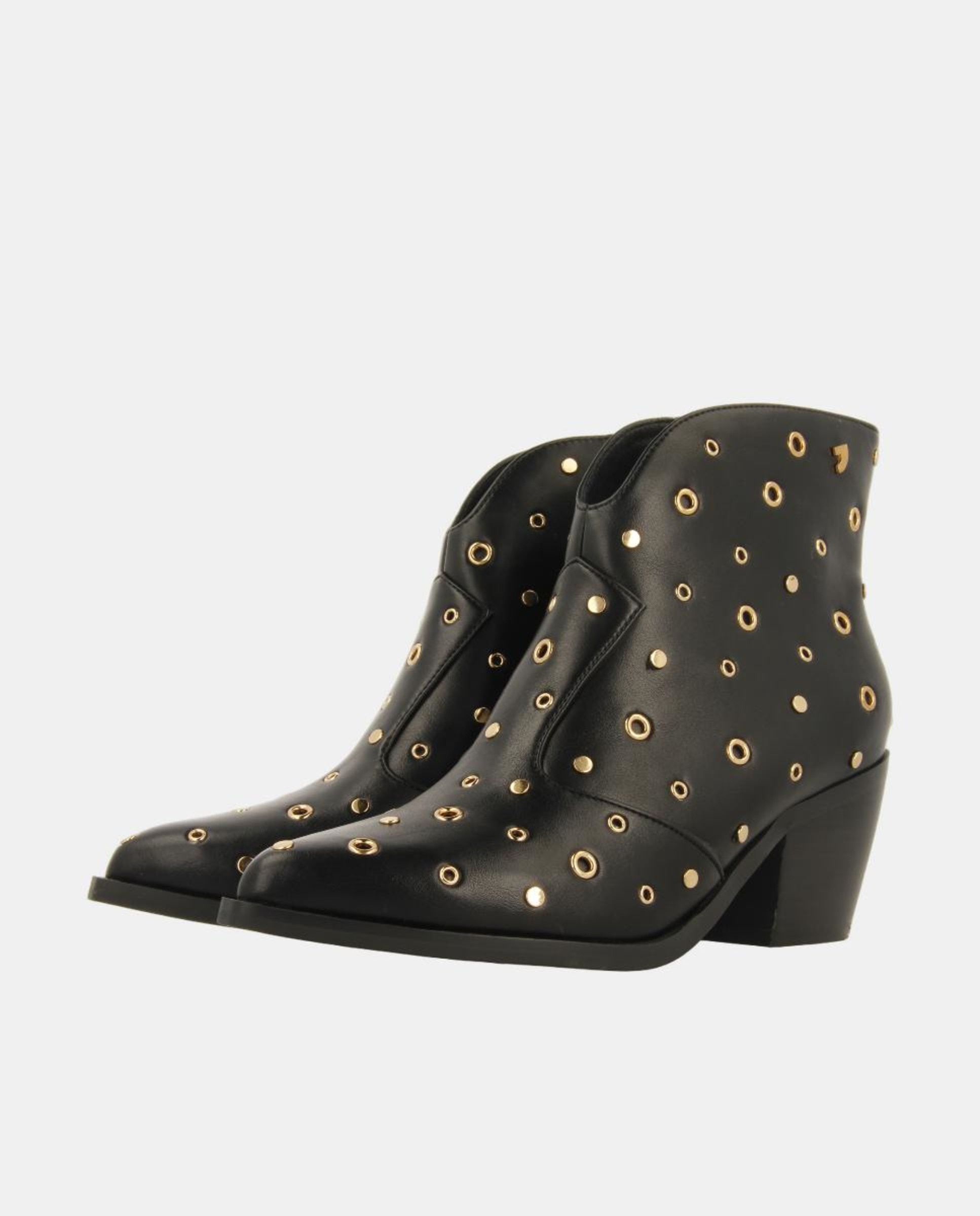 Botins Cowboy com Tachas e Argolas em PU com Tacão Cubano Preto-2