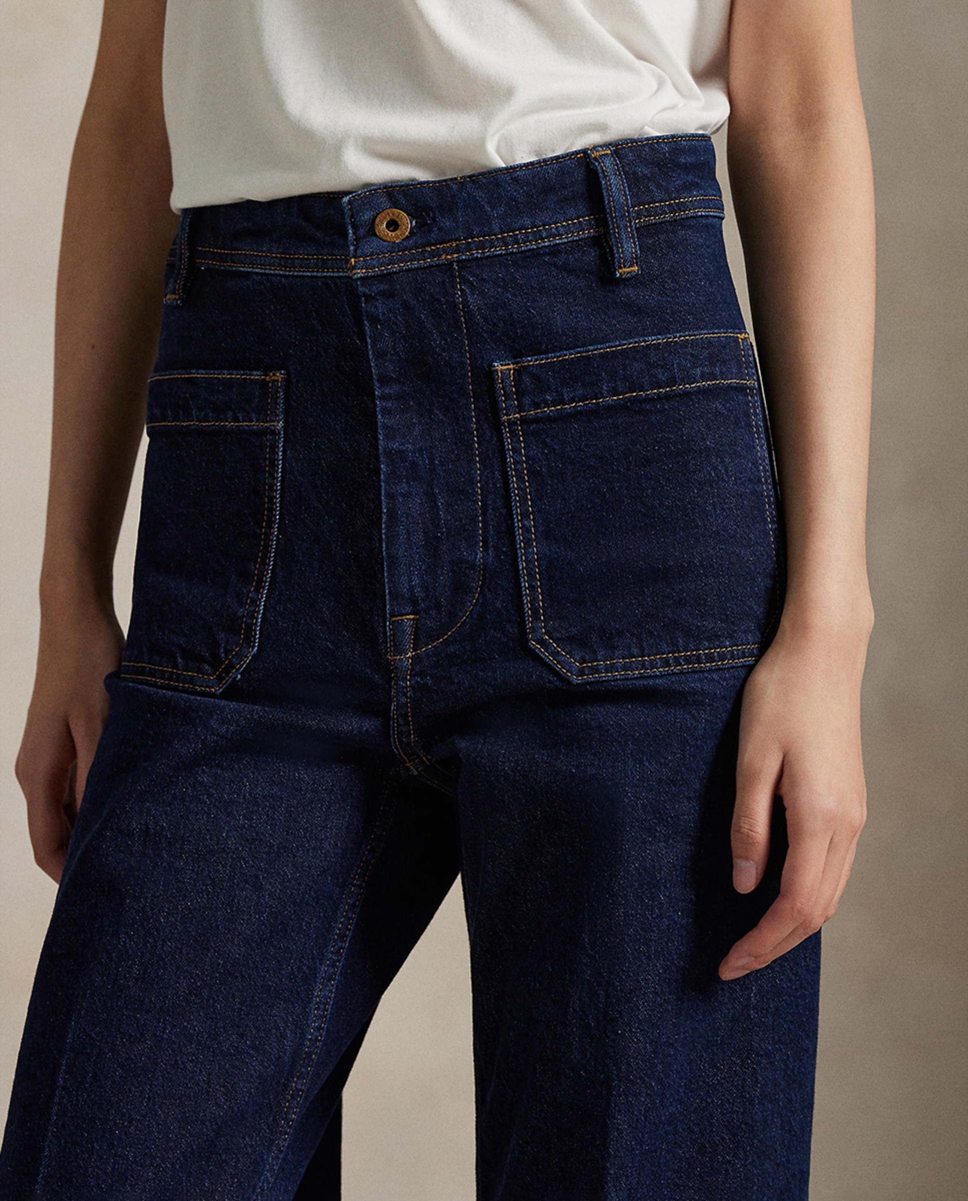 Jeans à Boca de Sino de Algodão com Bolsos de Remendo Azul-marinho-6