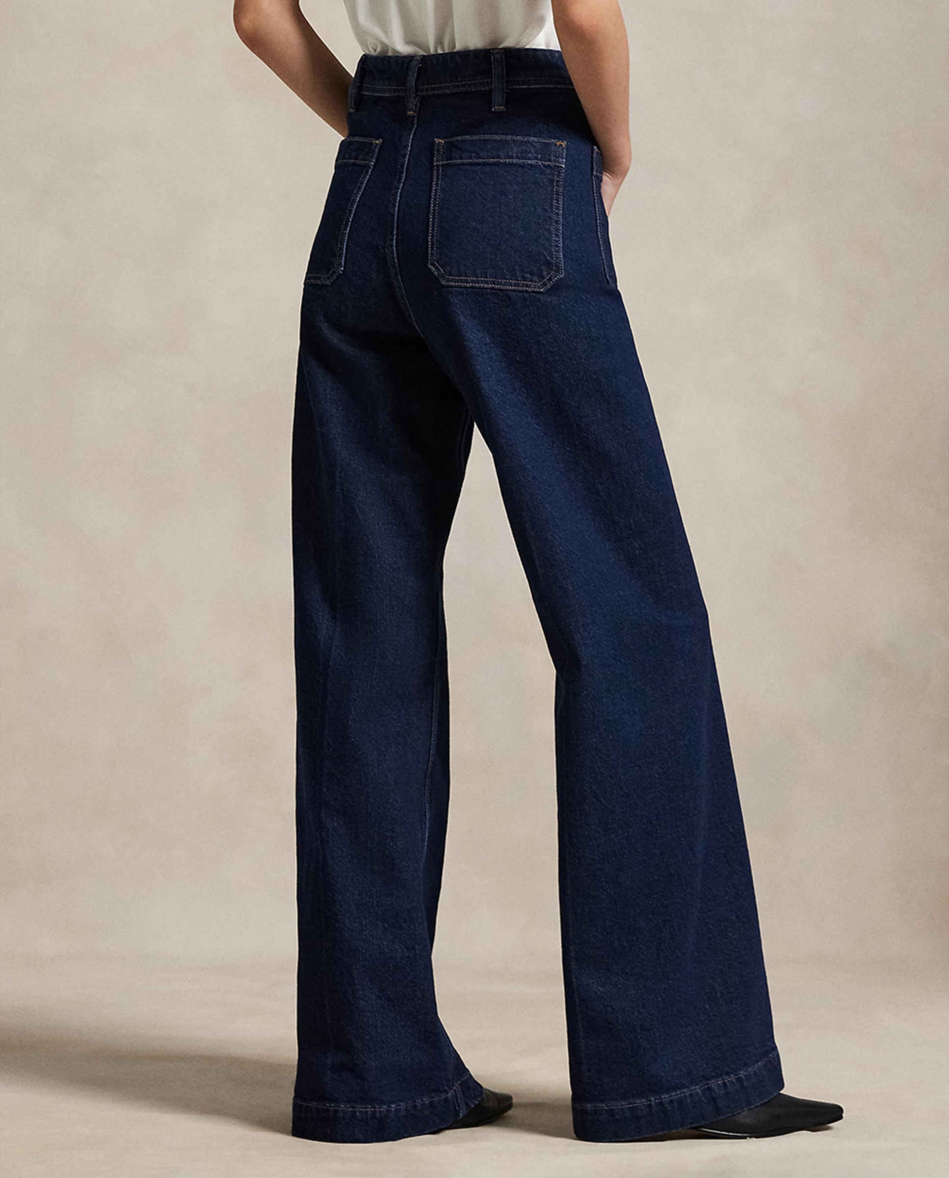 Jeans à Boca de Sino de Algodão com Bolsos de Remendo Azul-marinho-4