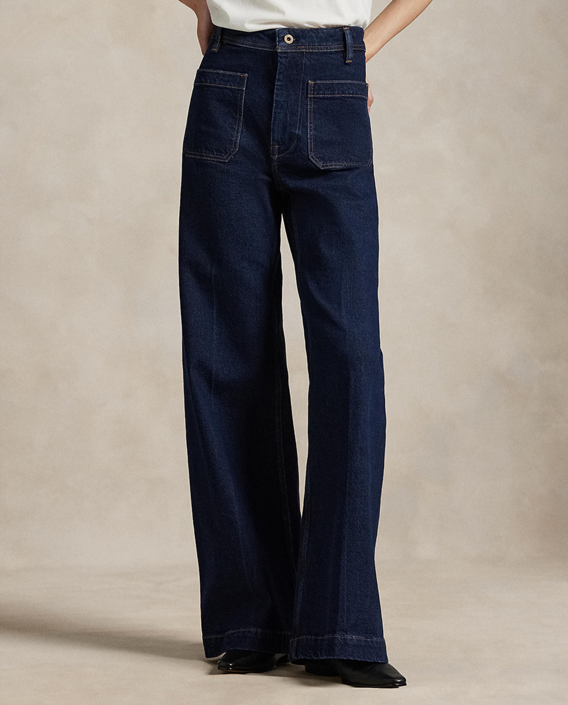 Jeans à Boca de Sino de Algodão com Bolsos de Remendo Azul-marinho-3