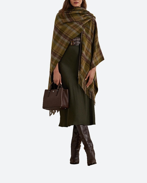 Imagen 0 de Poncho de mujer con cuadros y flecos