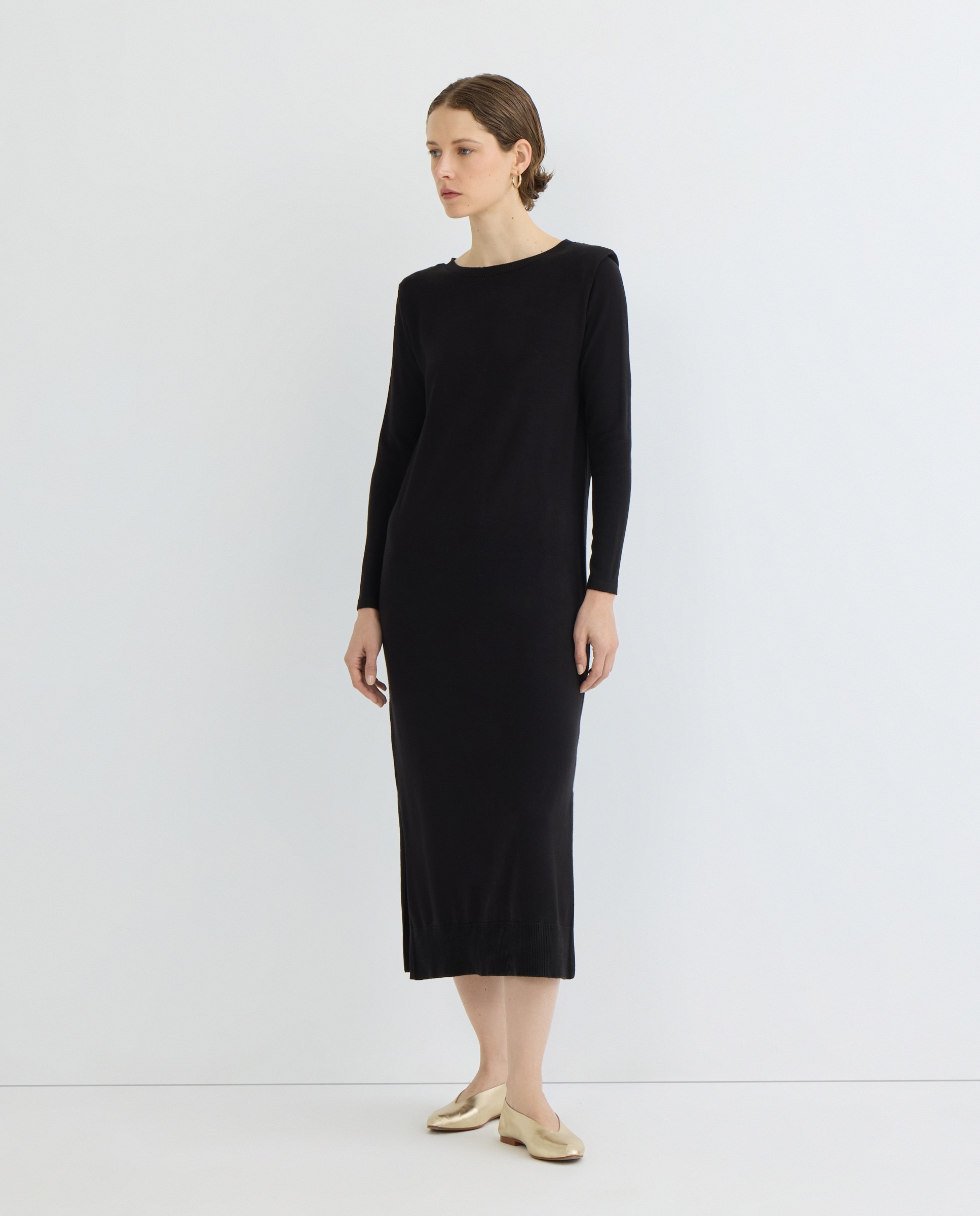 Vestido de mujer de punto midi manga larga Negro-2