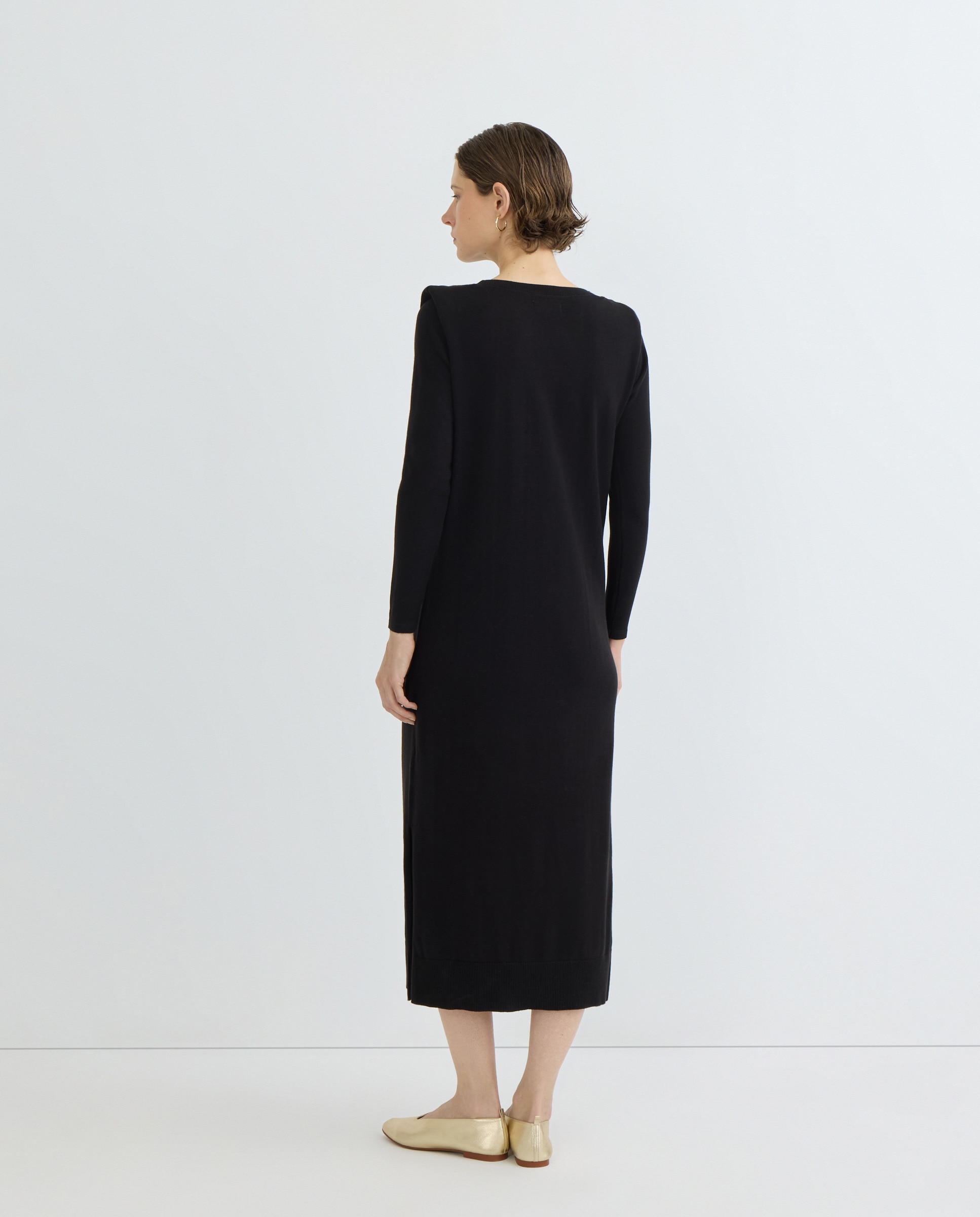 Vestido de mujer de punto midi manga larga Negro-3