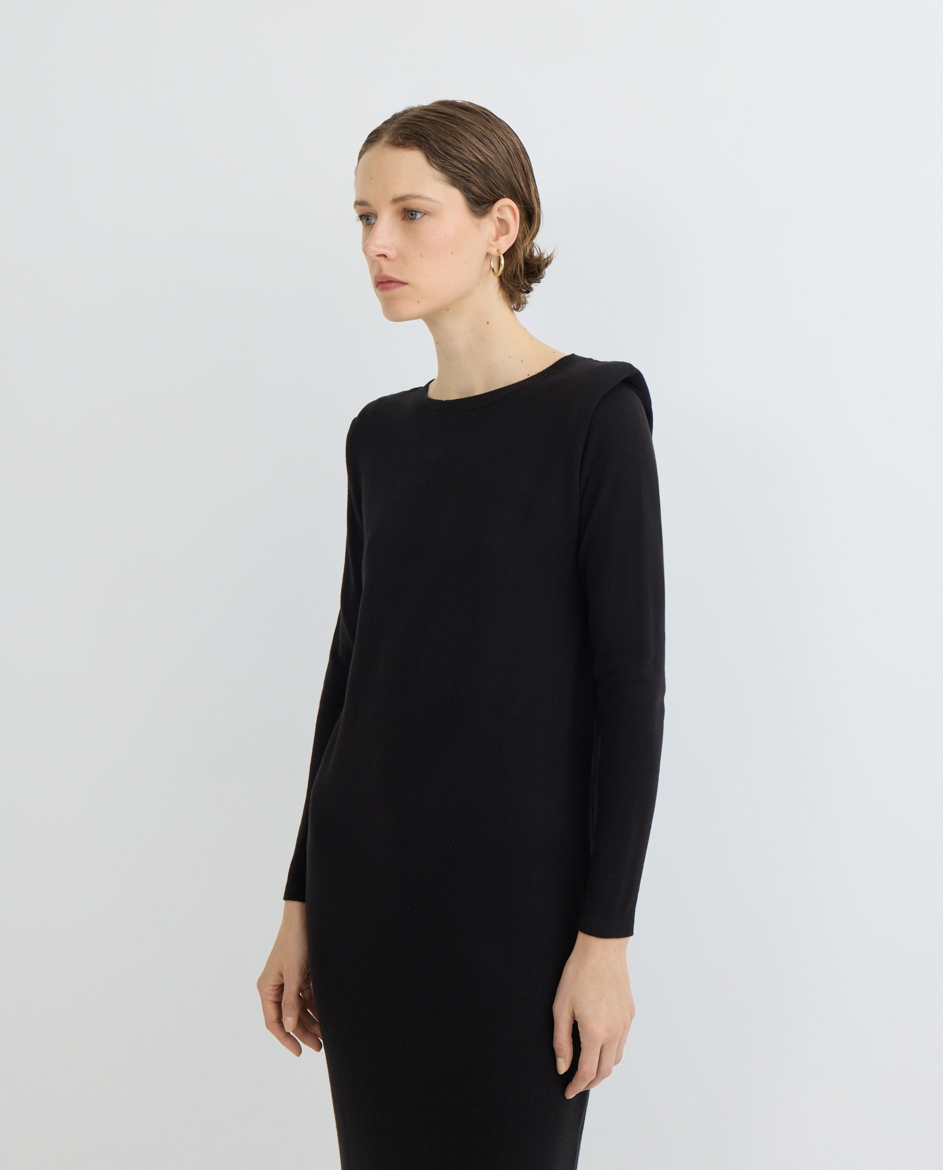 Vestido de mujer de punto midi manga larga Negro-1