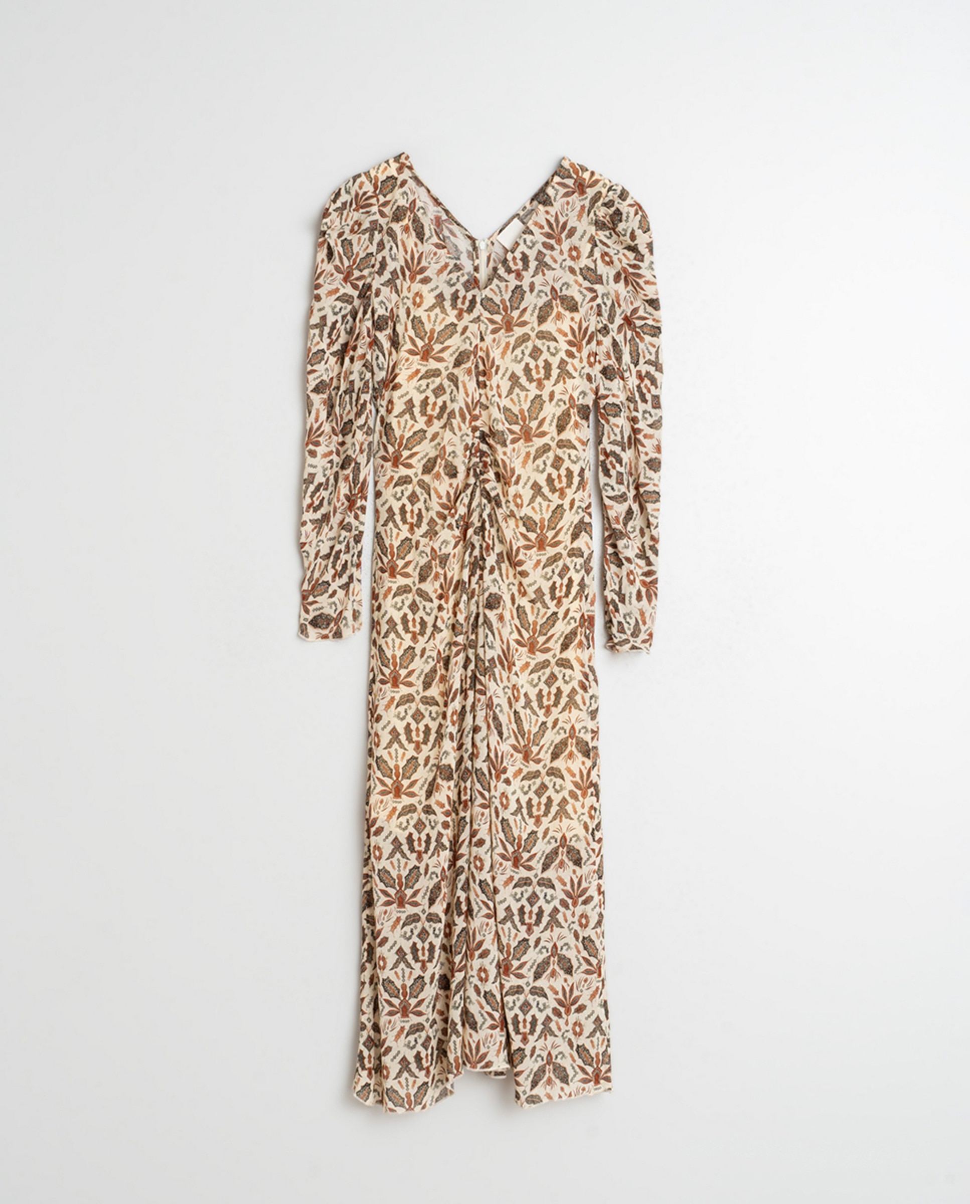 Vestido Midi com Manga Comprida e Decote em Bico Natural-3