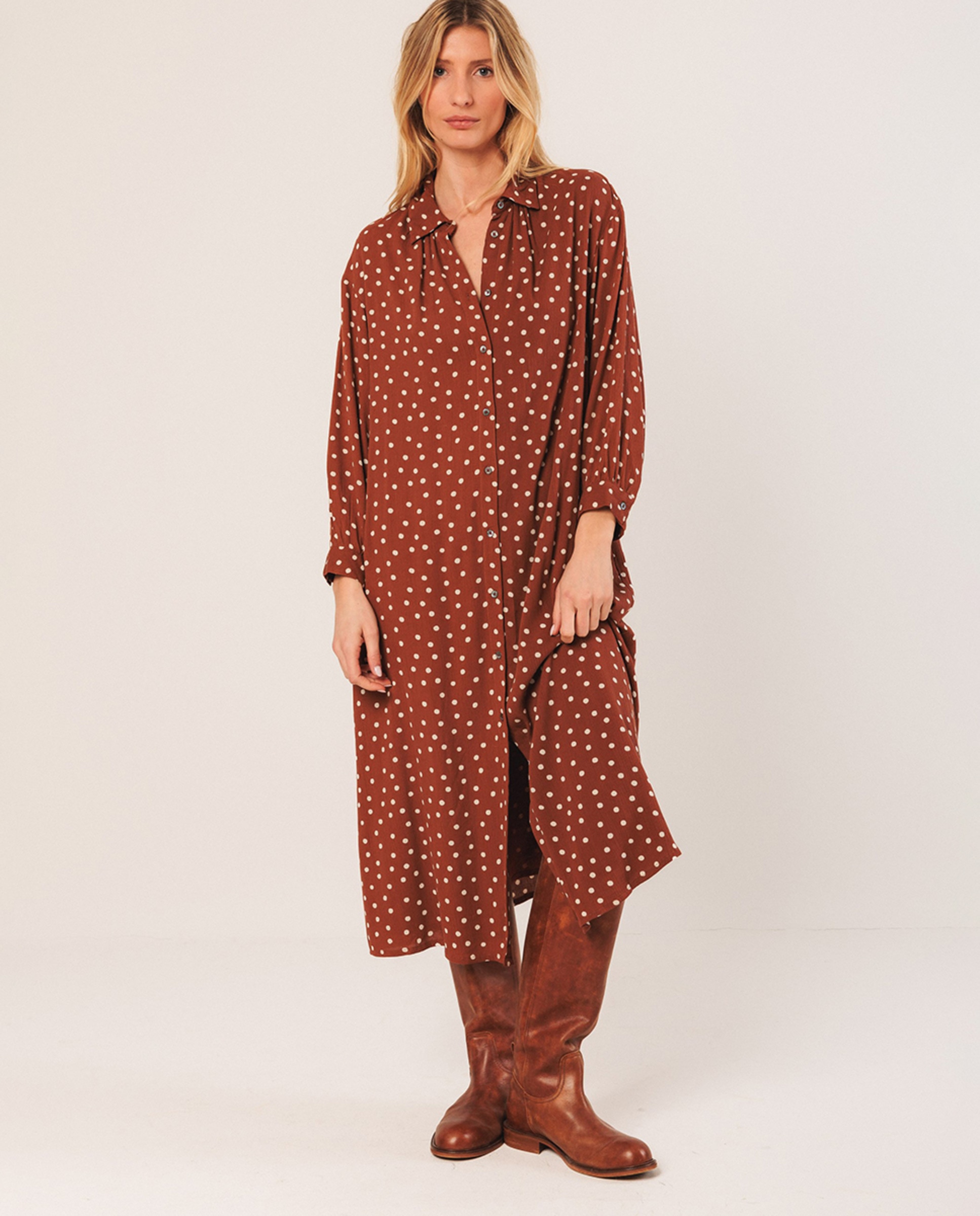 Vestido Midi com Manga Comprida e Colarinho de Camisa Telha-1