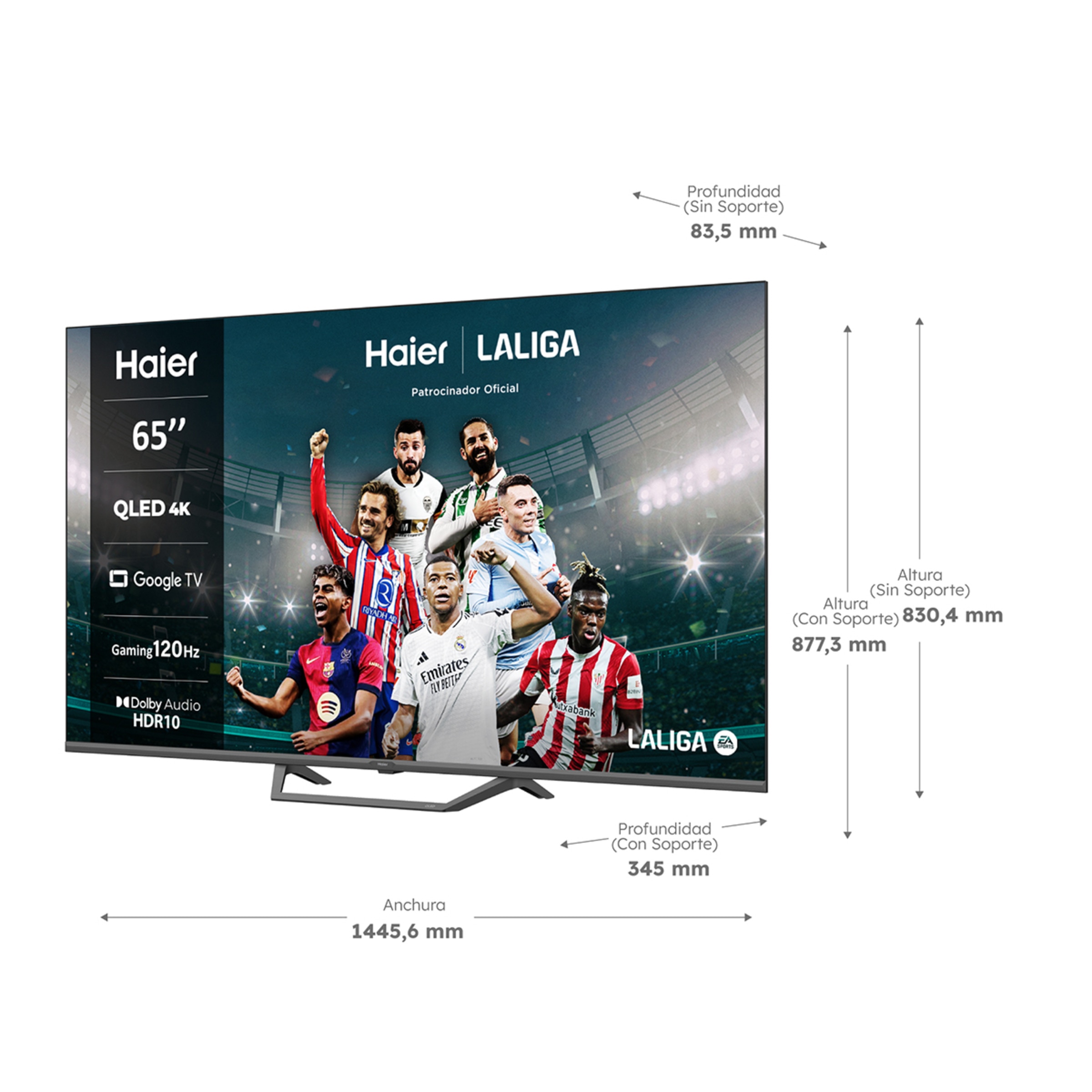 TV QLED 165 cm (65") Haier H65S80FUX UHD 4K, Peana central, Smart Google TV, HDR10, Gaming 120Hz, Dolby Audio Negro-3