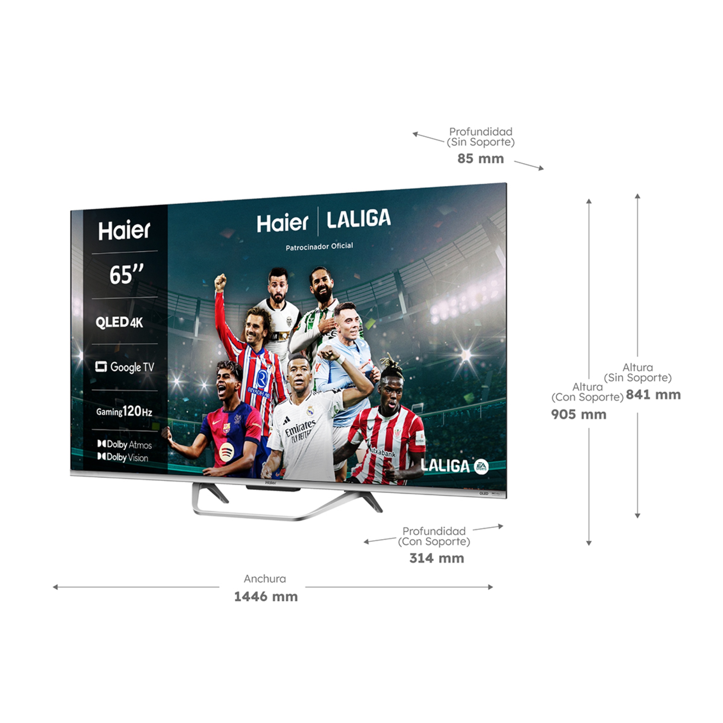 TV QLED 165 cm (65") Haier H65Q80FUX UHD 4K, Peana central, Smart Google TV, HDR10+, Dolby Atmos & Vision, Gaming 120Hz Silver-3