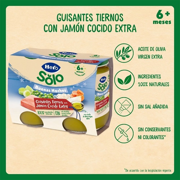 Buenas Noches jars of tender peas with premium cooked ham gluten-free 2-pack containers 190 g from 6 months
