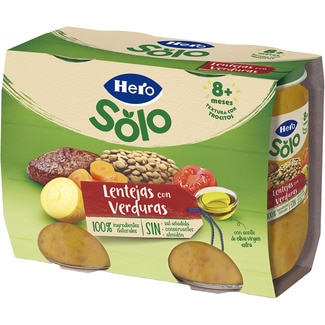 tarritos de  lentejas con verduras con trocitos sin gluten desde 8 meses pack 2 envase 190 g - Hero Solo