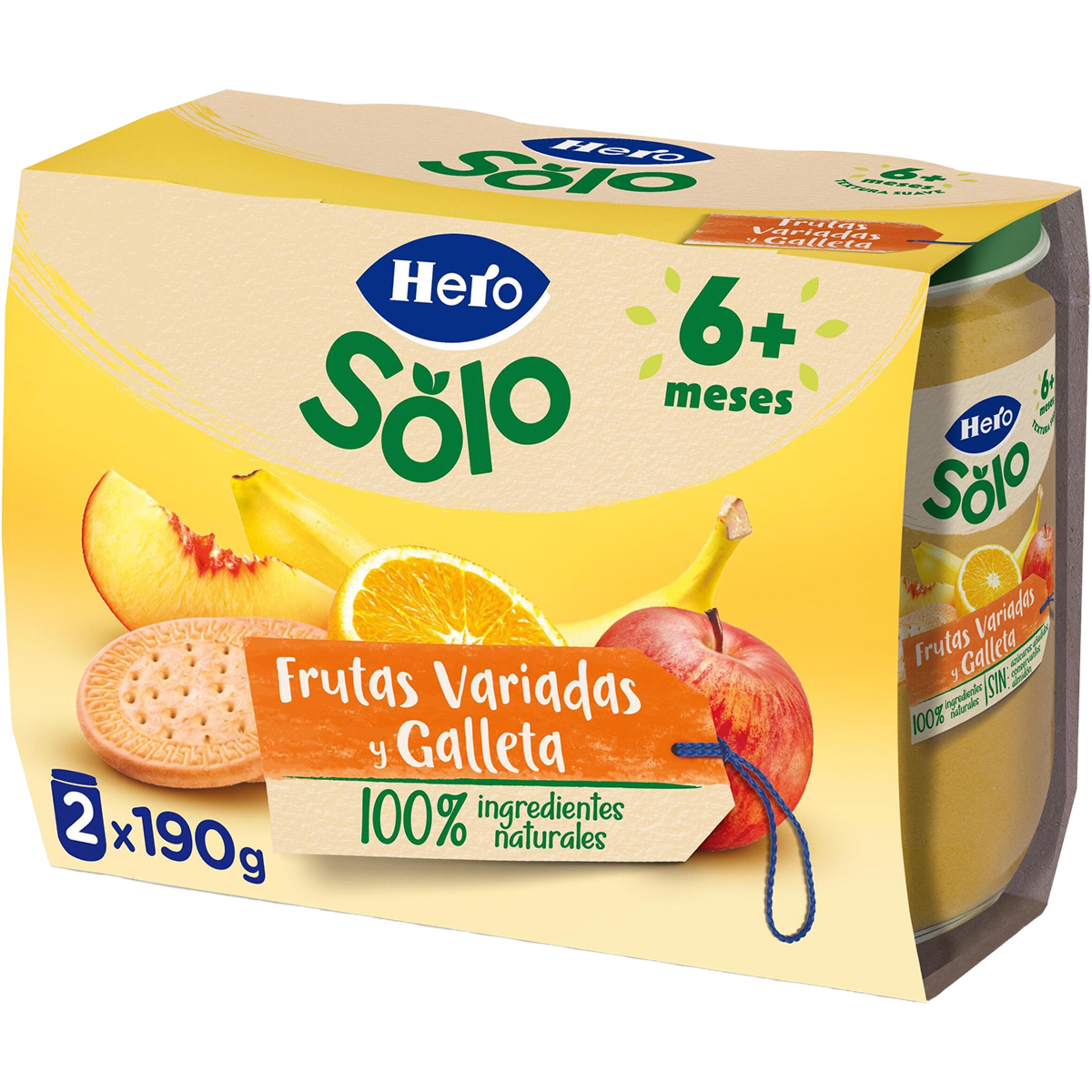 Merienda tarritos de frutas variadas y galleta desde 6 meses pack 2 envases 190 g